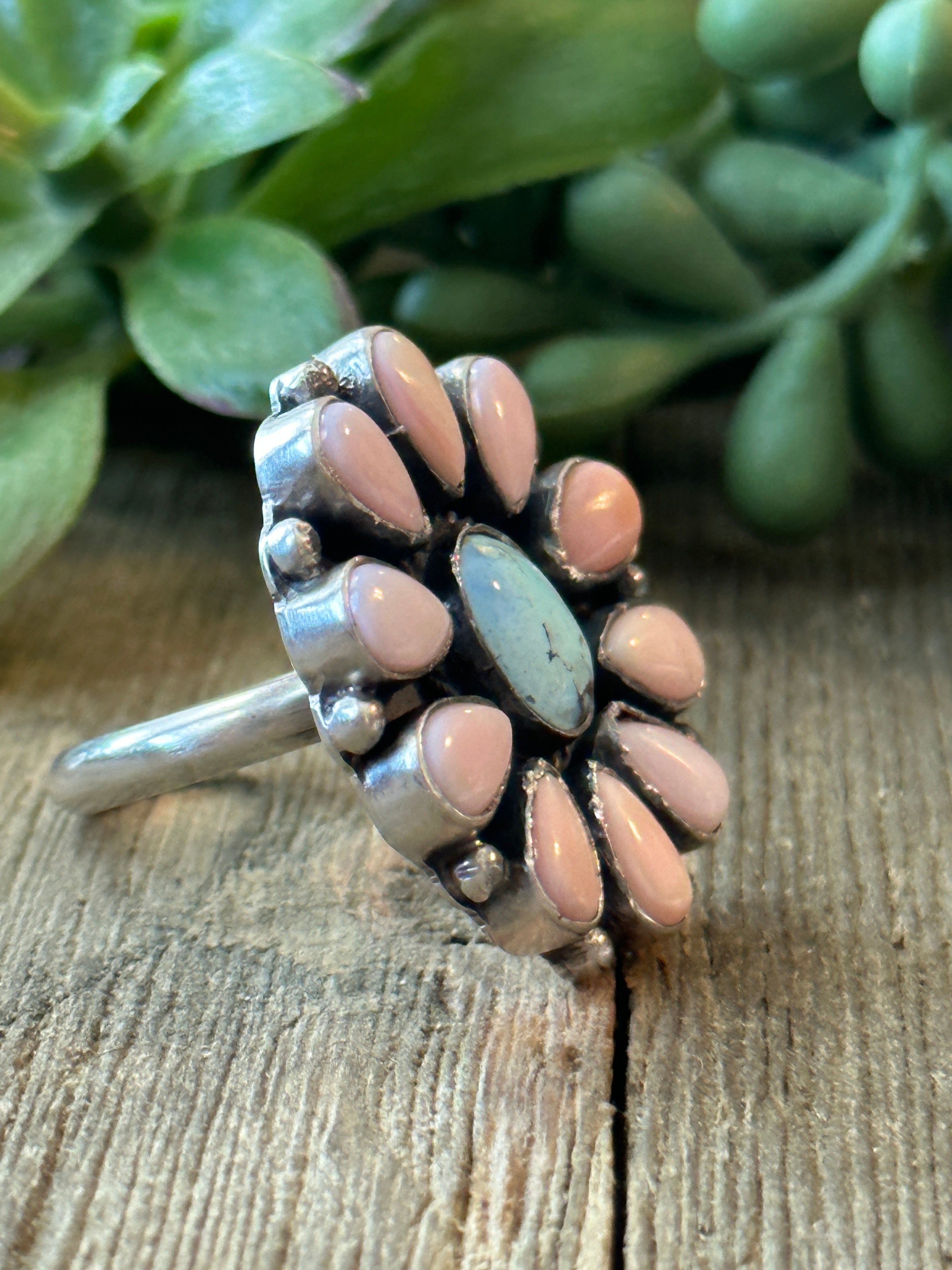 Navajo Made Golden Hill & Pink Conch & Sterling Silver Adjustable Cluster Ring