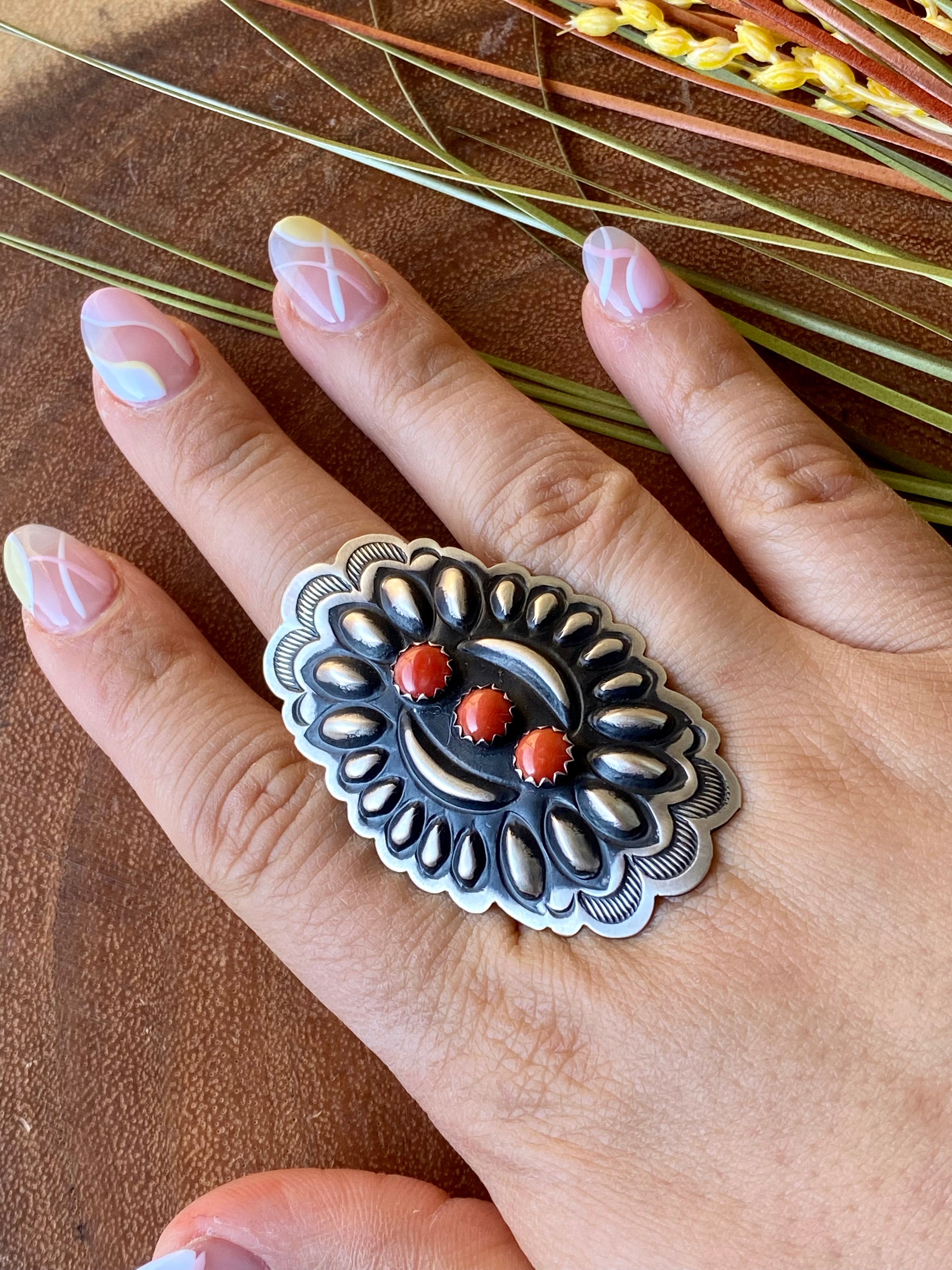 Leander Tahe Coral & Sterling Silver Concho Adjustable Ring Size 8