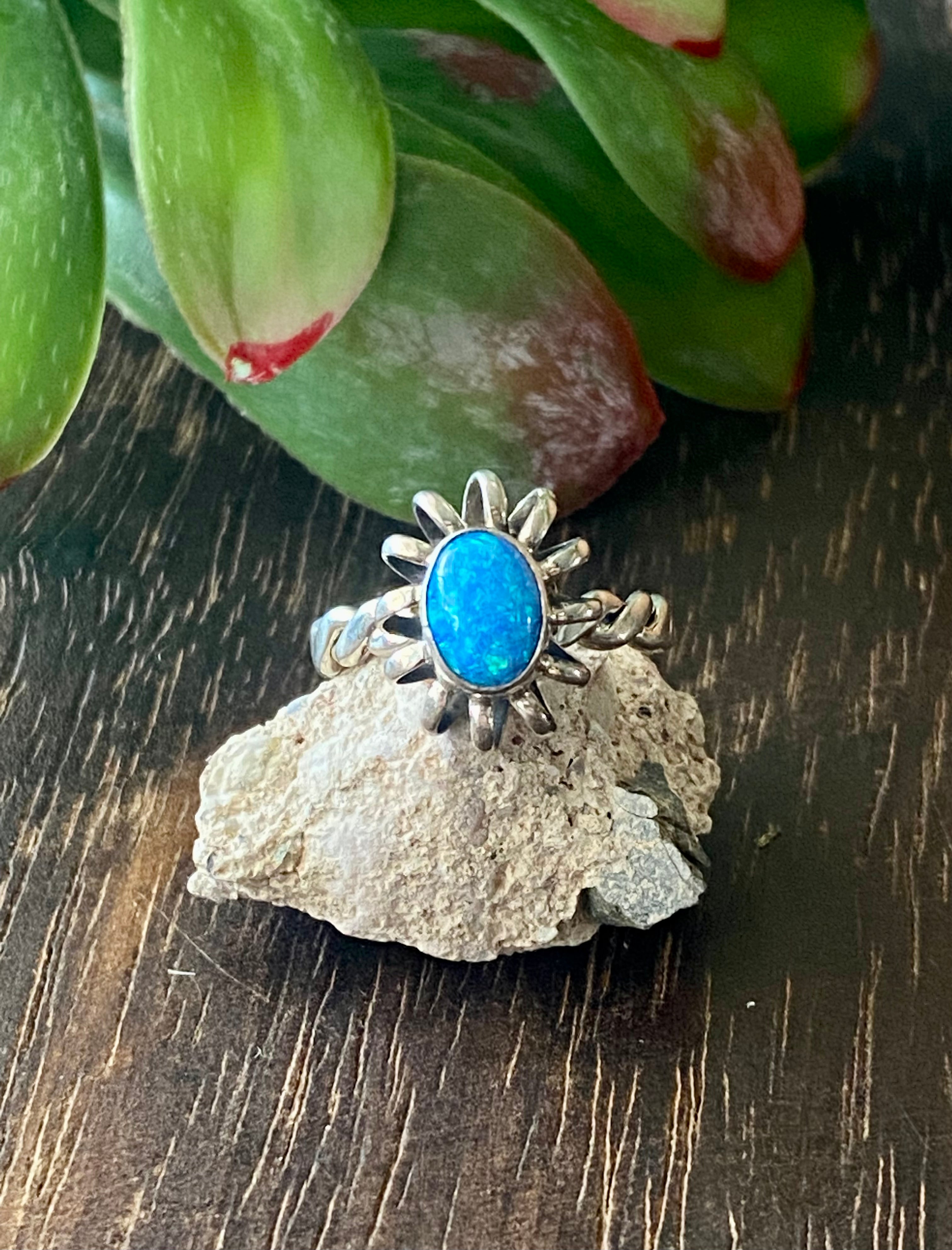 Navajo Made Blue Opal & Sterling Silver Ring Size 8.5