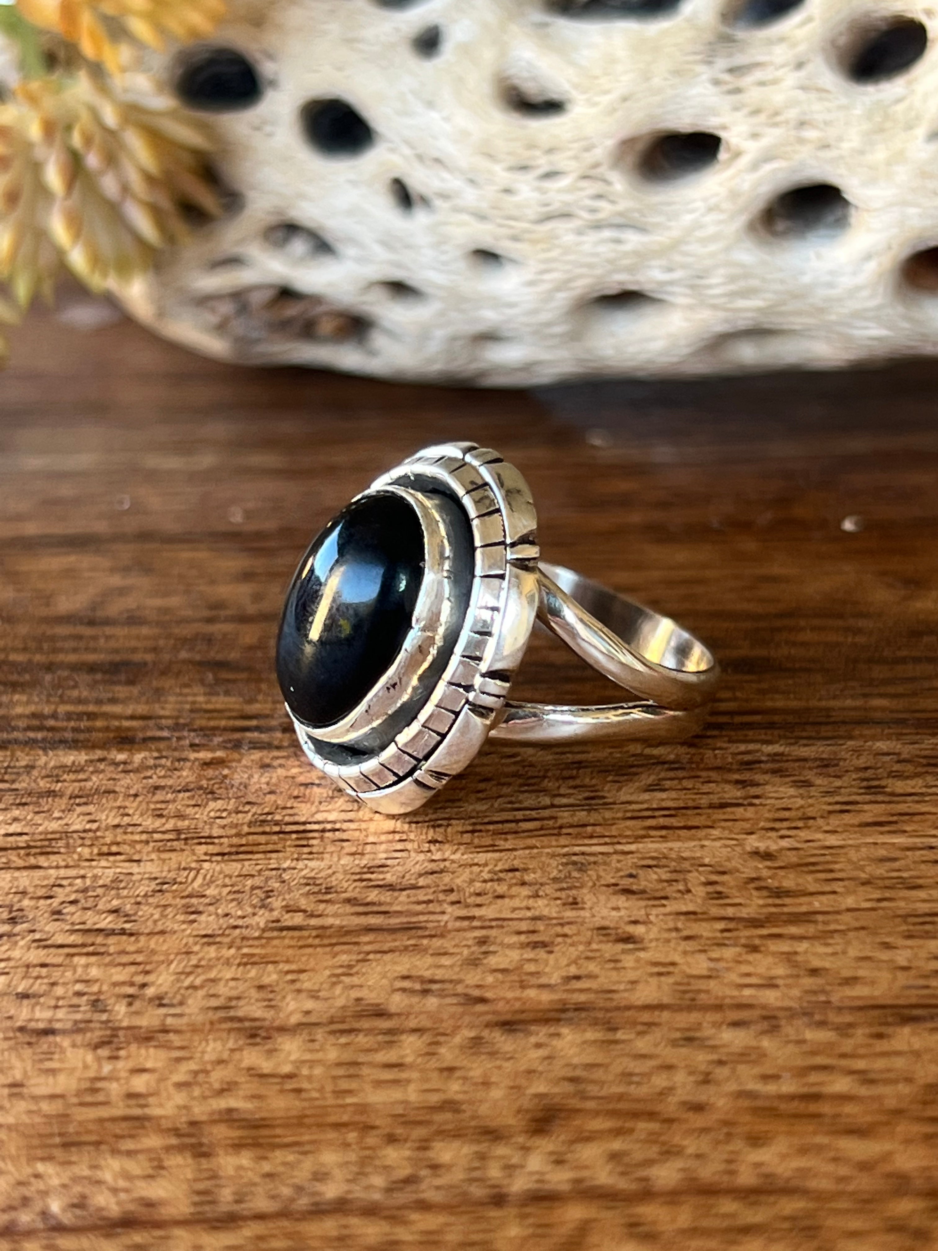 Navajo Made Onyx & Sterling Silver Ring Size 6.5