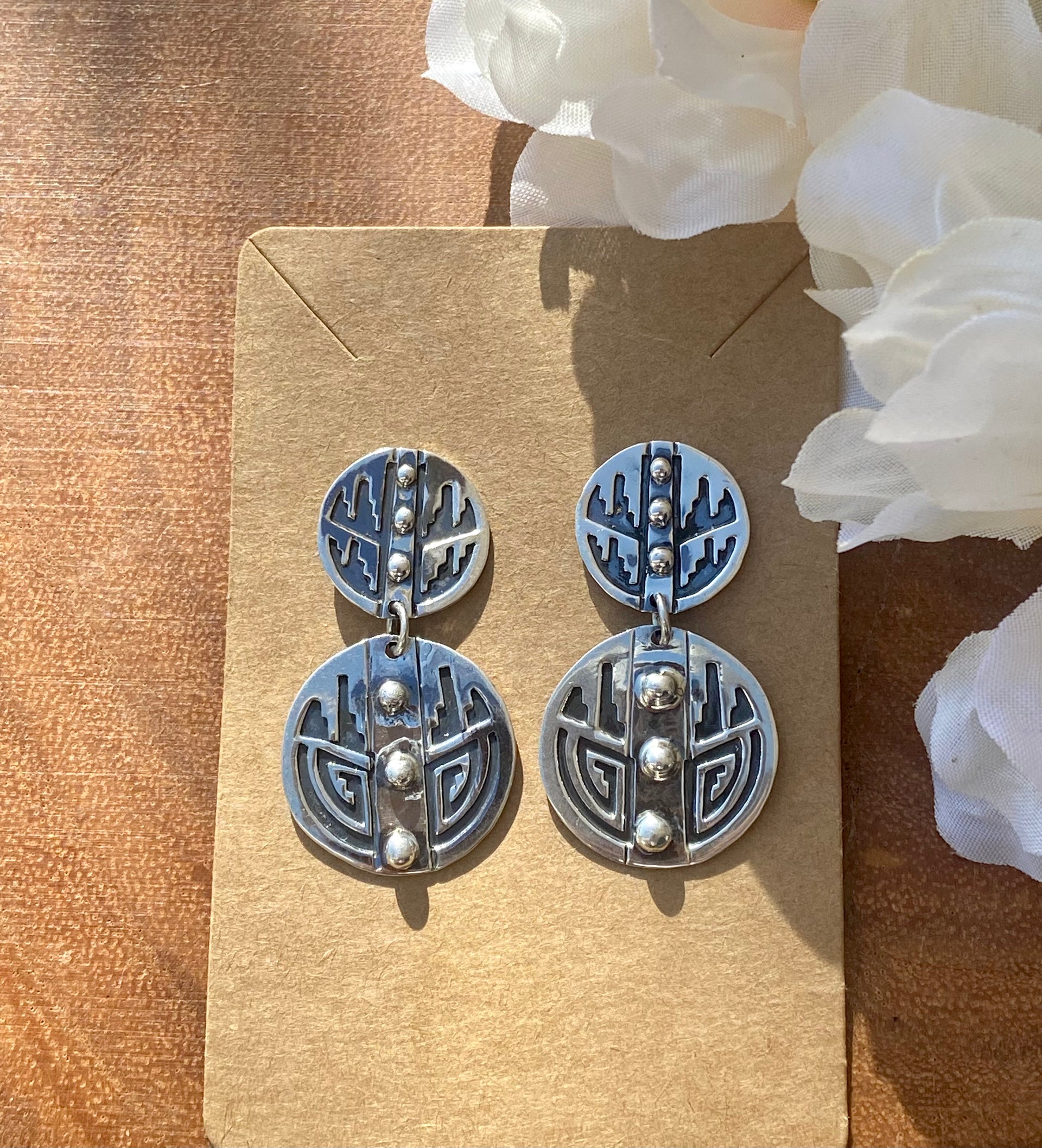 Navajo Made Sterling Silver Overlay Post Dangle Earrings