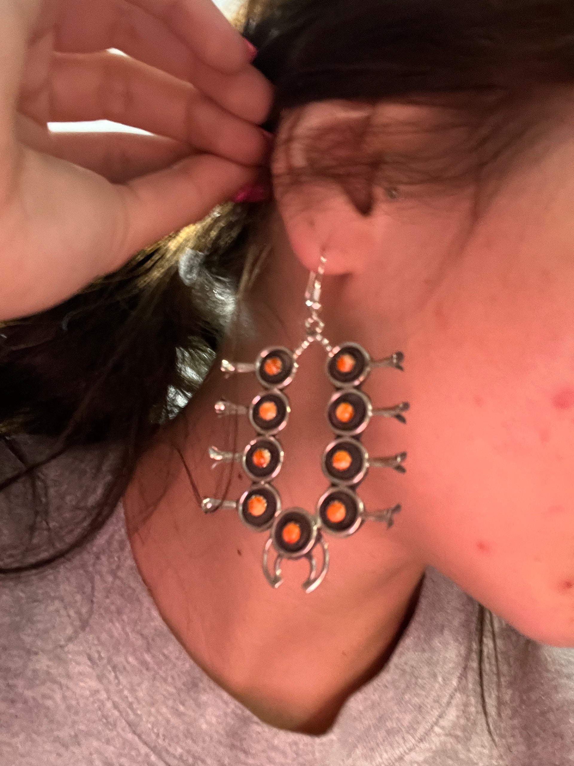 Navajo Made Spiny Oyster & Sterling Silver Dangle Squash Blossom Earrings