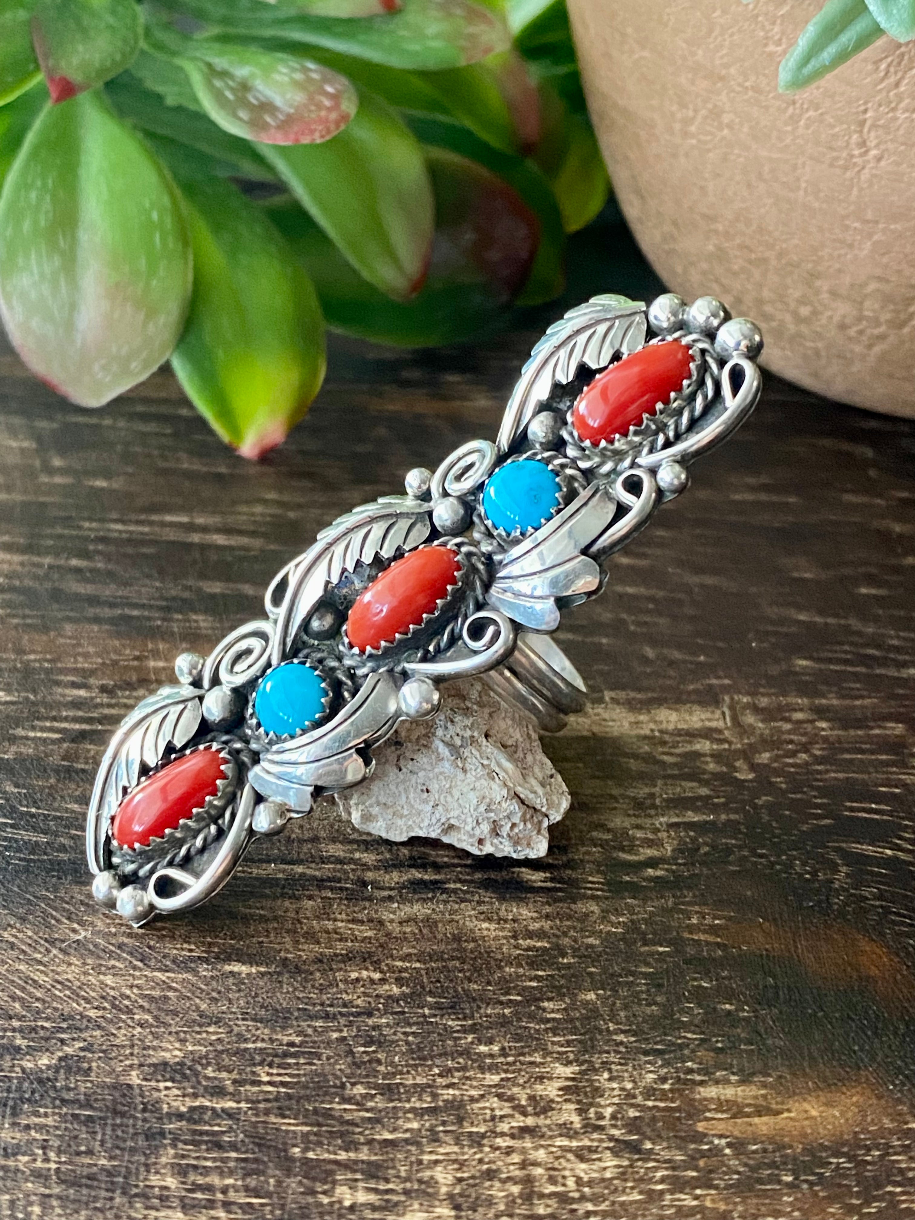 Navajo Made Kingman Turquoise & Coral Sterling Silver Adjustable Ring Size 8.5