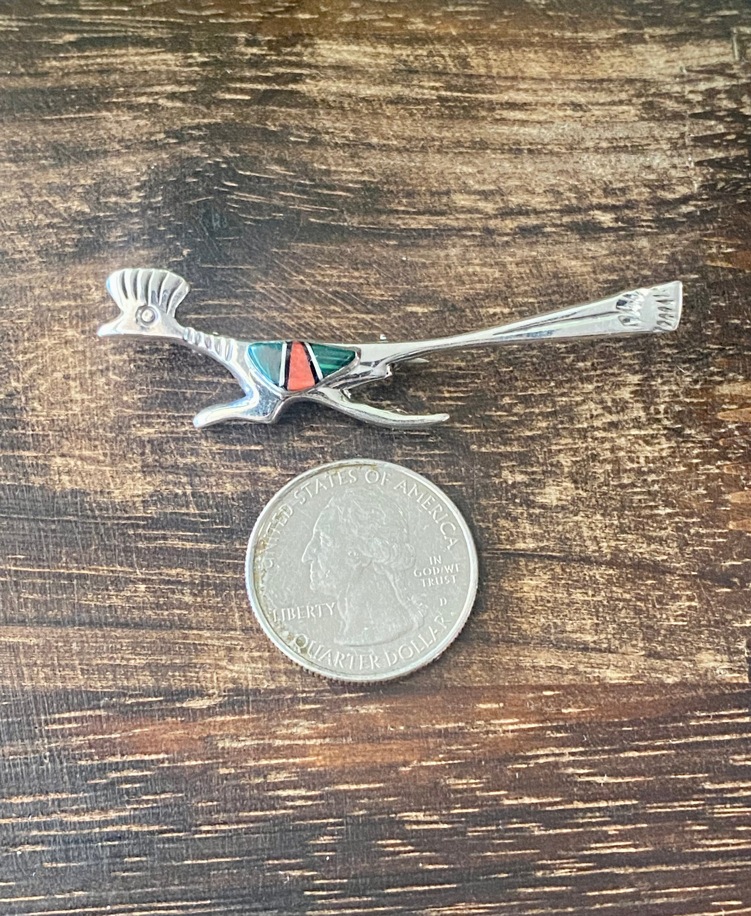 Navajo Made Multi Stone & Sterling Silver Inlay Roadrunner Pin