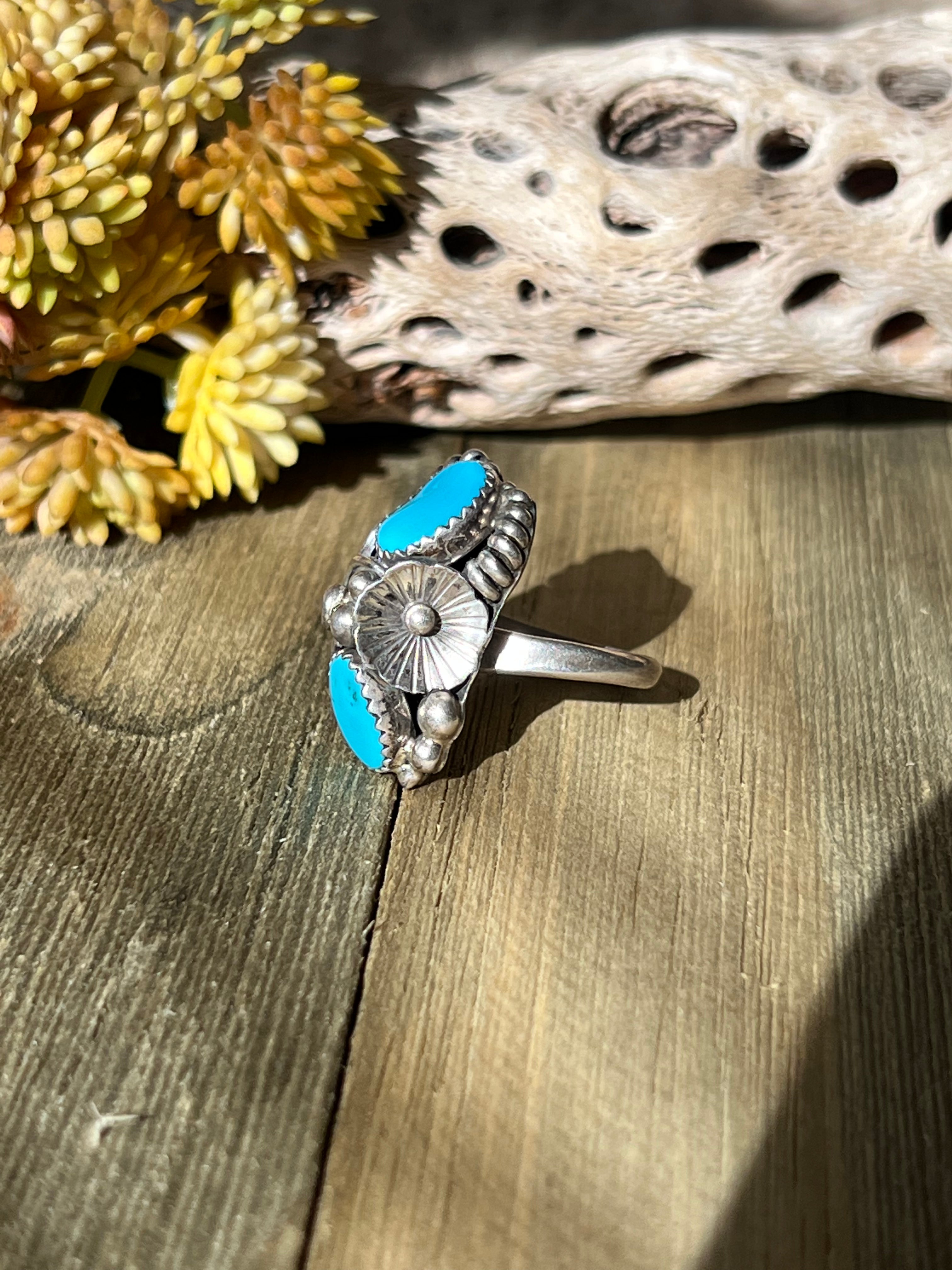 Navajo Made Kingman Turquoise & Sterling Silver Adjustable Ring