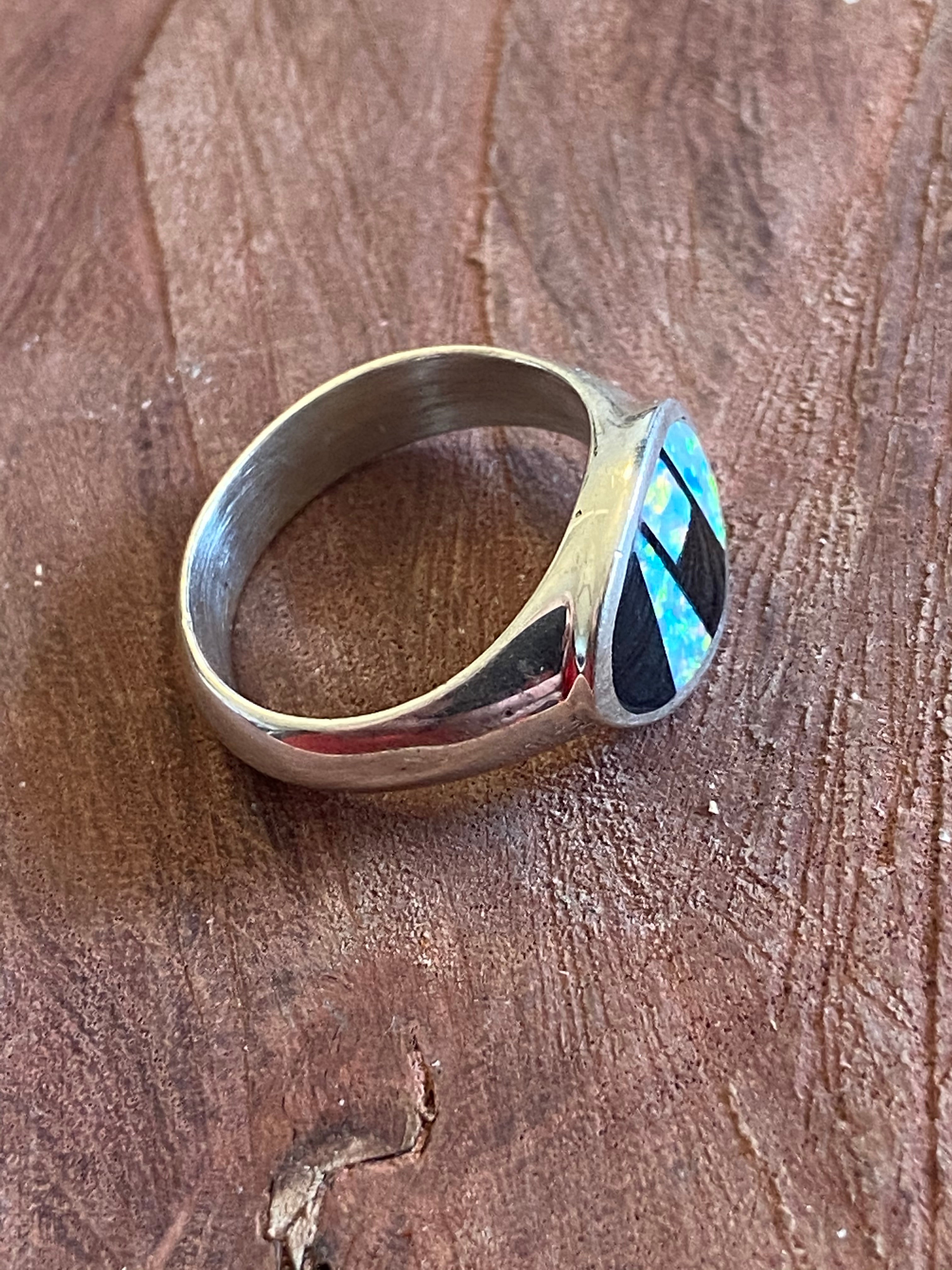 Navajo Opal & Onyx Sterling Silver Inlay Ring 5.25