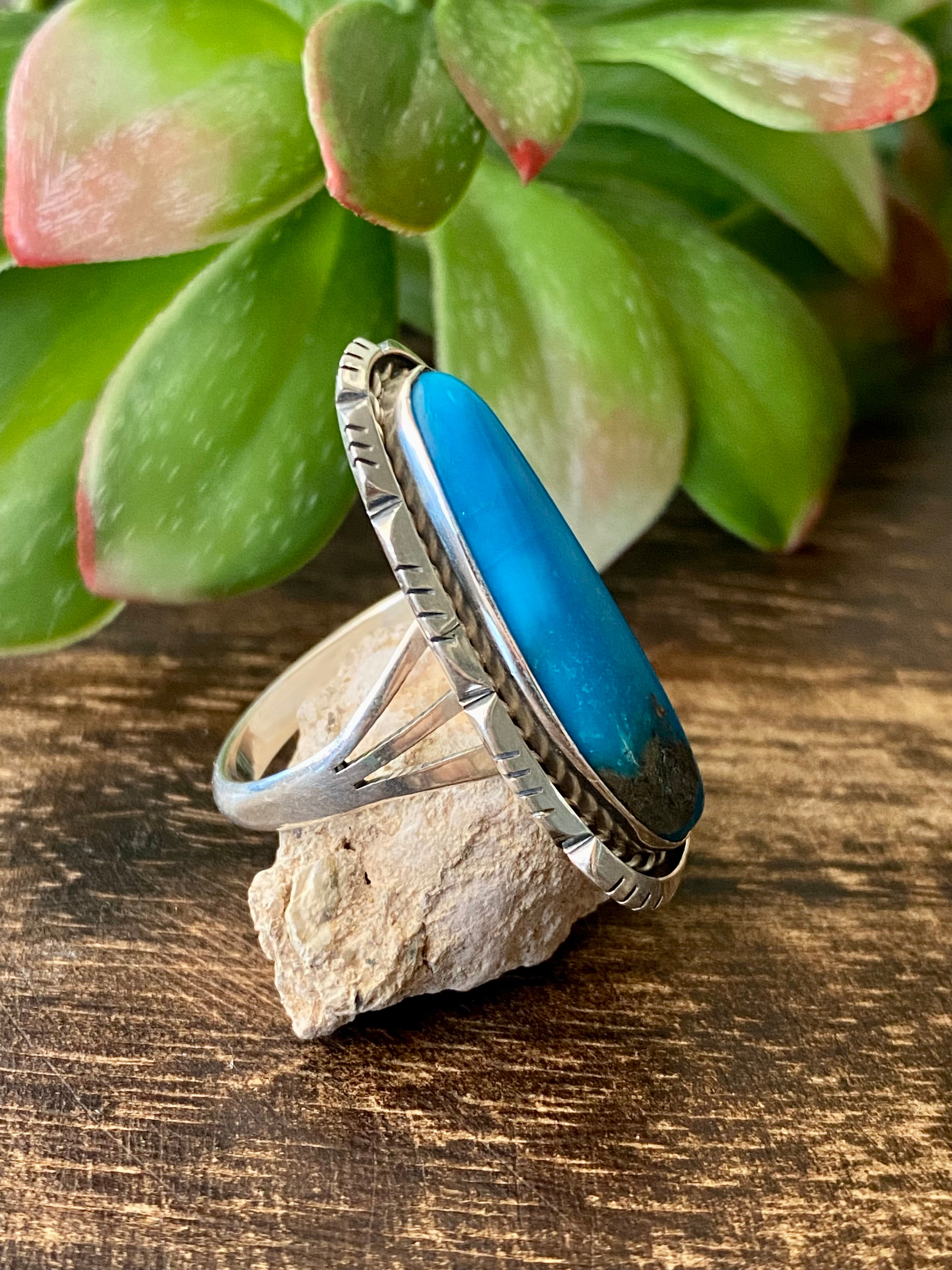 Navajo Made Kingman Turquoise & Sterling Silver Ring Size 8.5