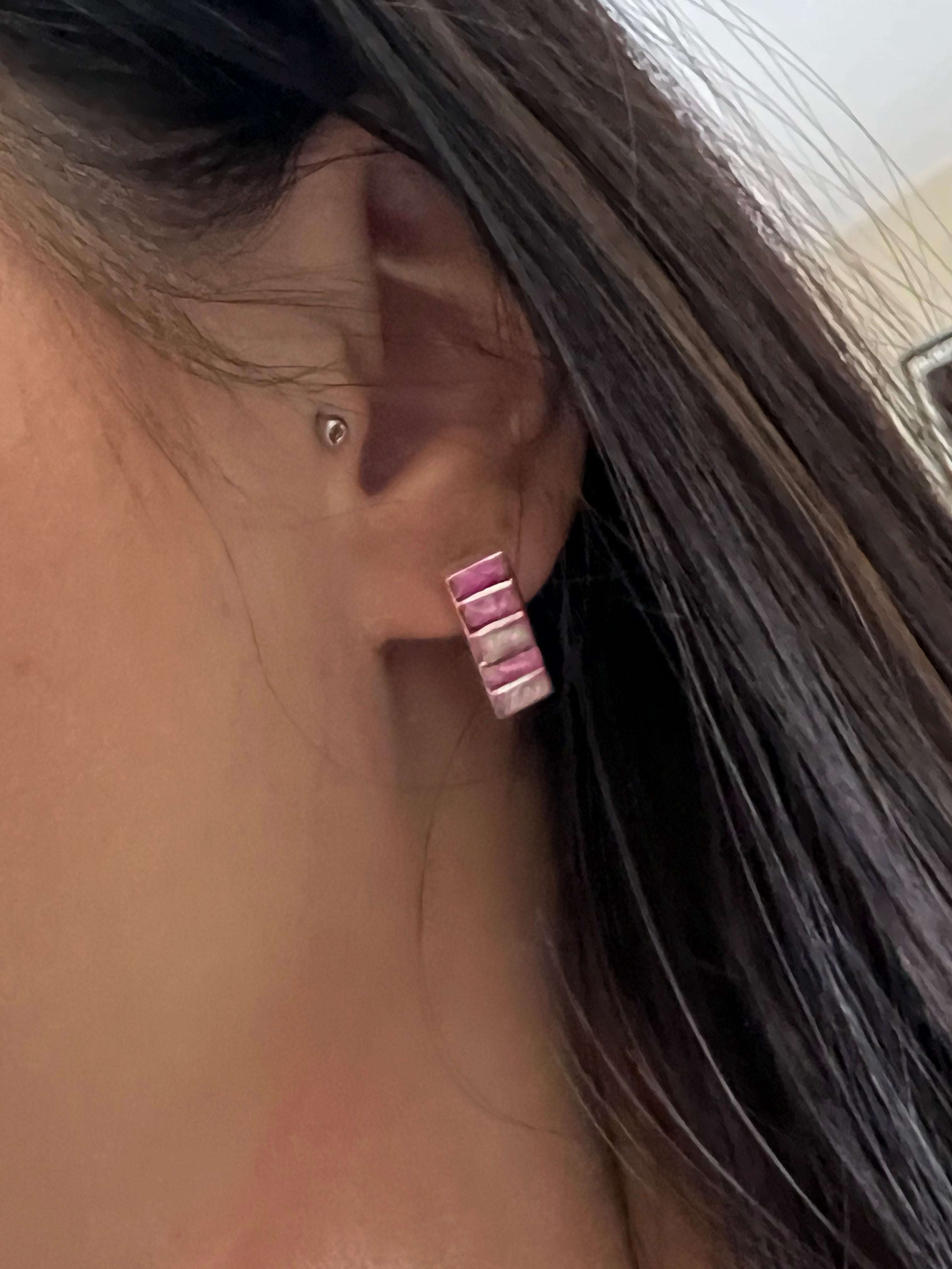 Zuni Made Pink Opal(Man-Made) & Sterling Silver Post Earrings