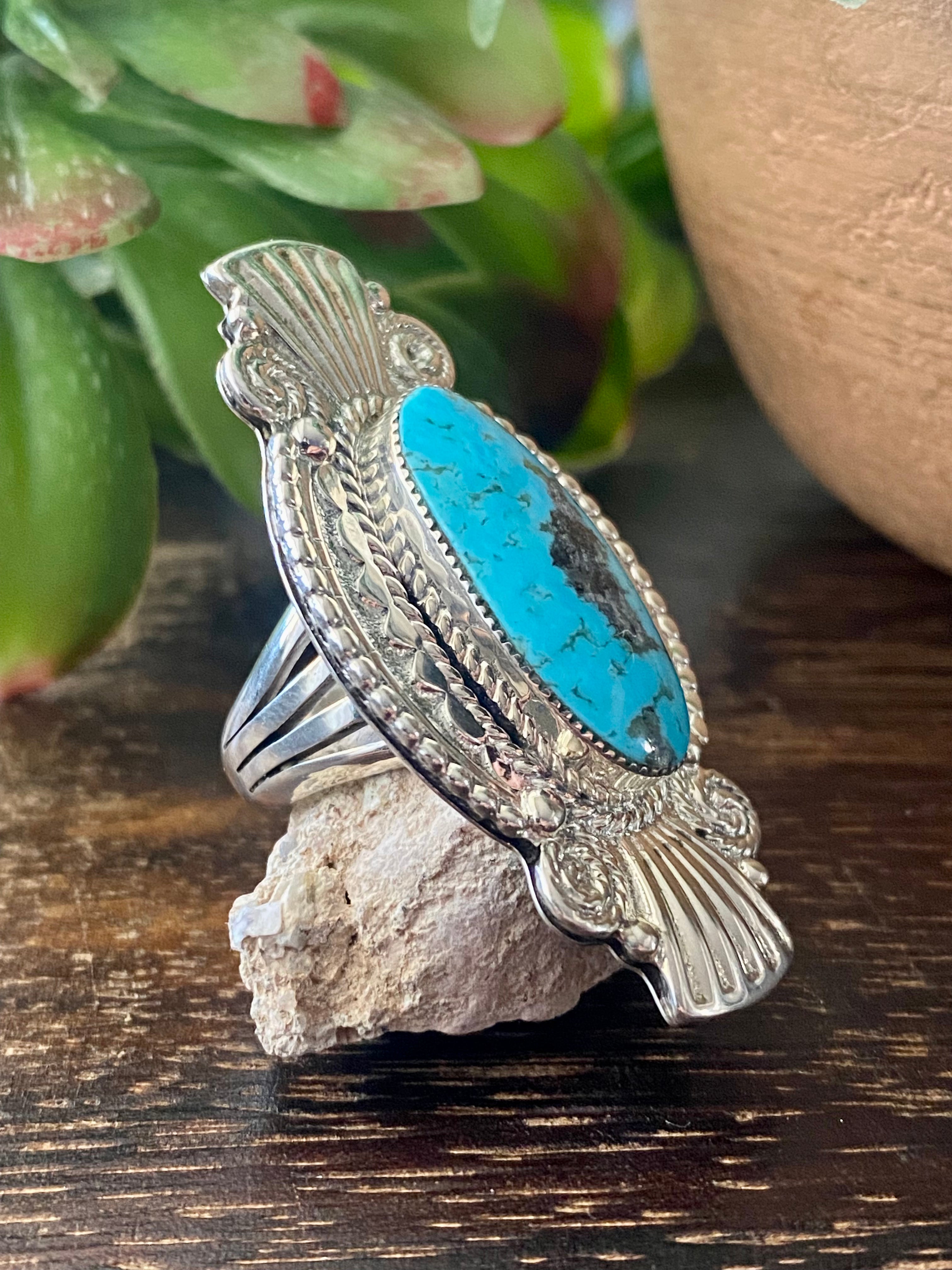 Navajo Made Kingman Turquoise & Sterling Silver Ring Size 6