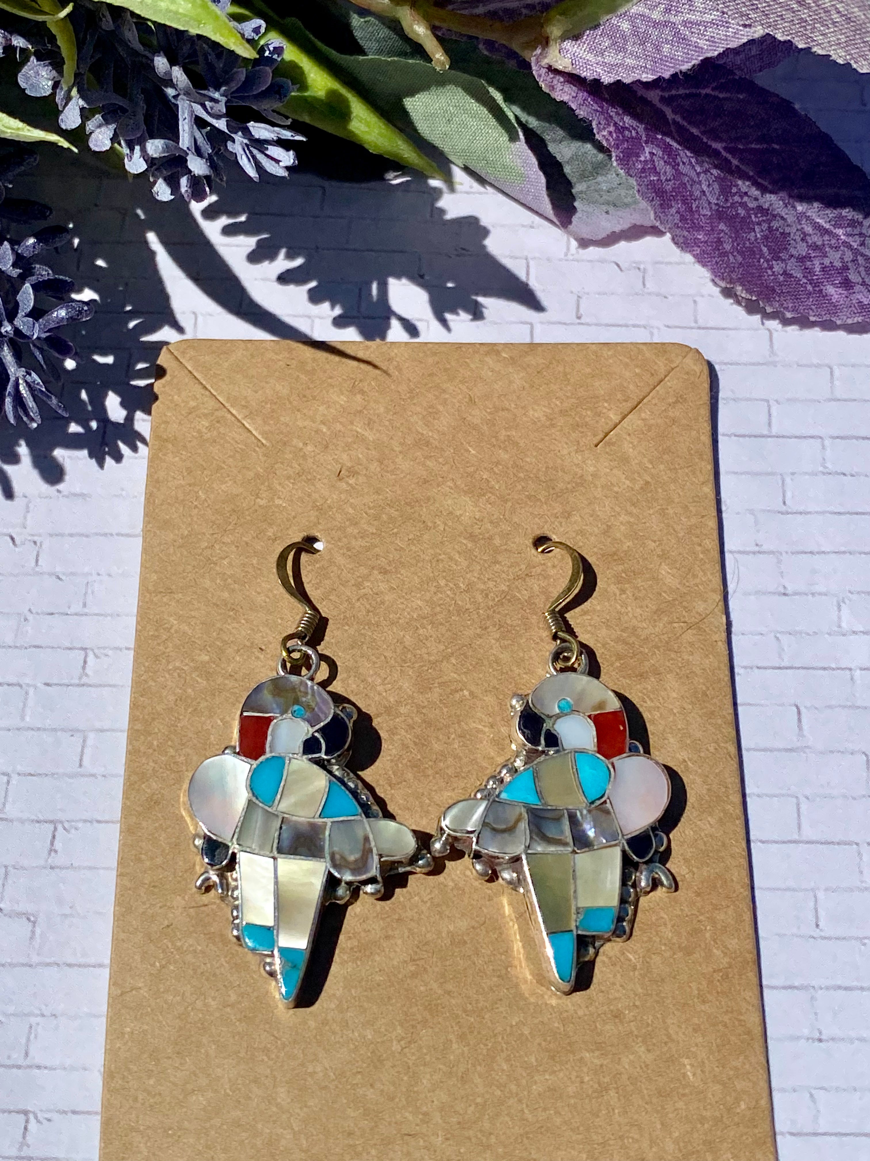 Zuni Made Multi Stone & Sterling Silver Inlay Parrot Dangle Earrings