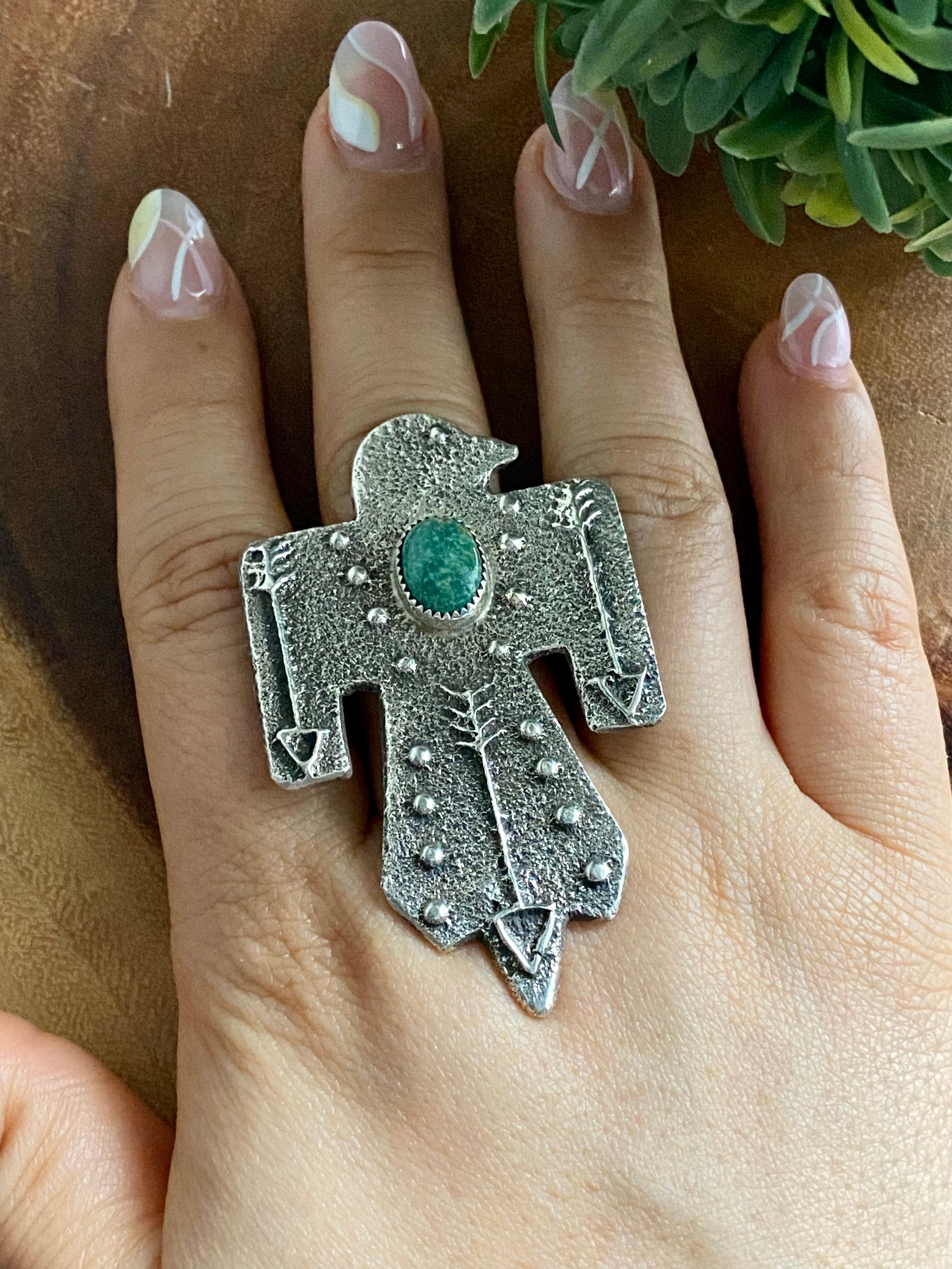 Navajo Kingman Turquoise & Sterling Silver Thunderbird Ring Size 11.25