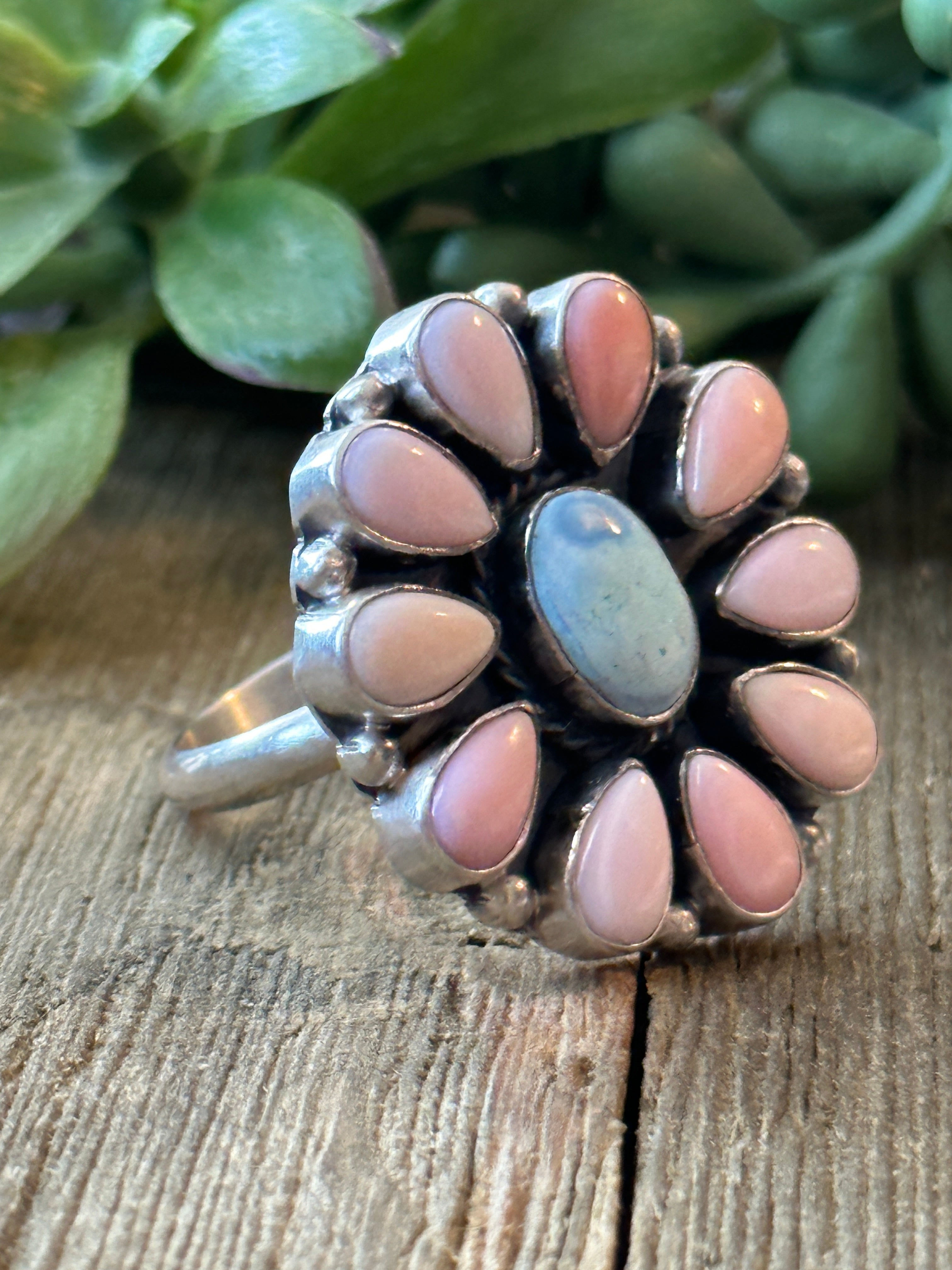 Navajo Made Golden Hill & Pink Conch & Sterling Silver Adjustable Cluster Ring