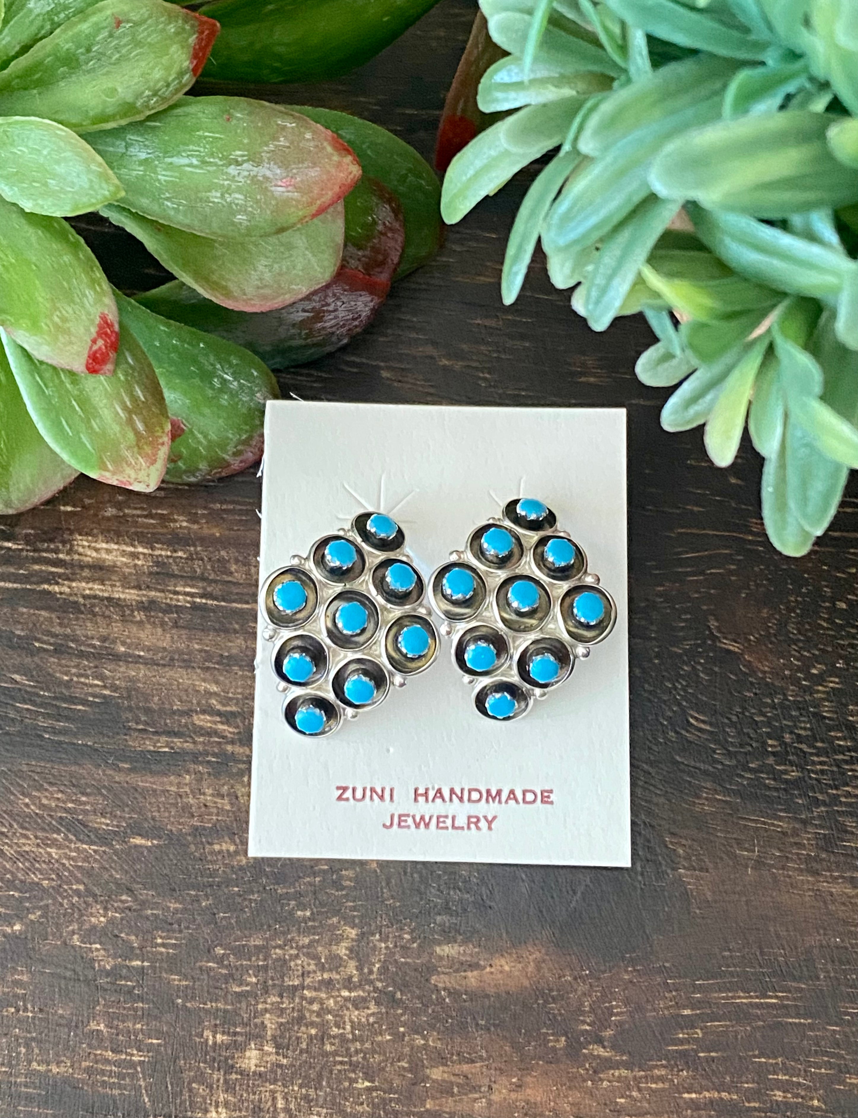 Zuni Made Turquoise & Sterling Silver Post Dangle Earrings