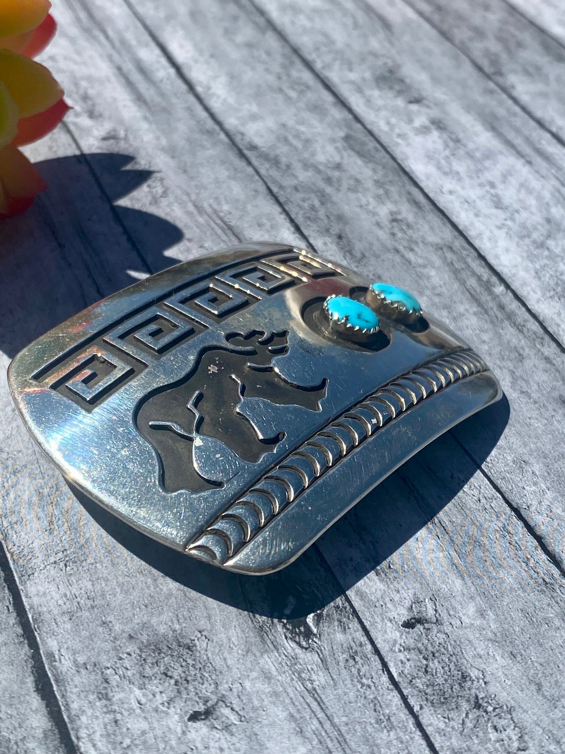Navajo Made Kingman Turquoise & Sterling Silver Bear Belt Buckle