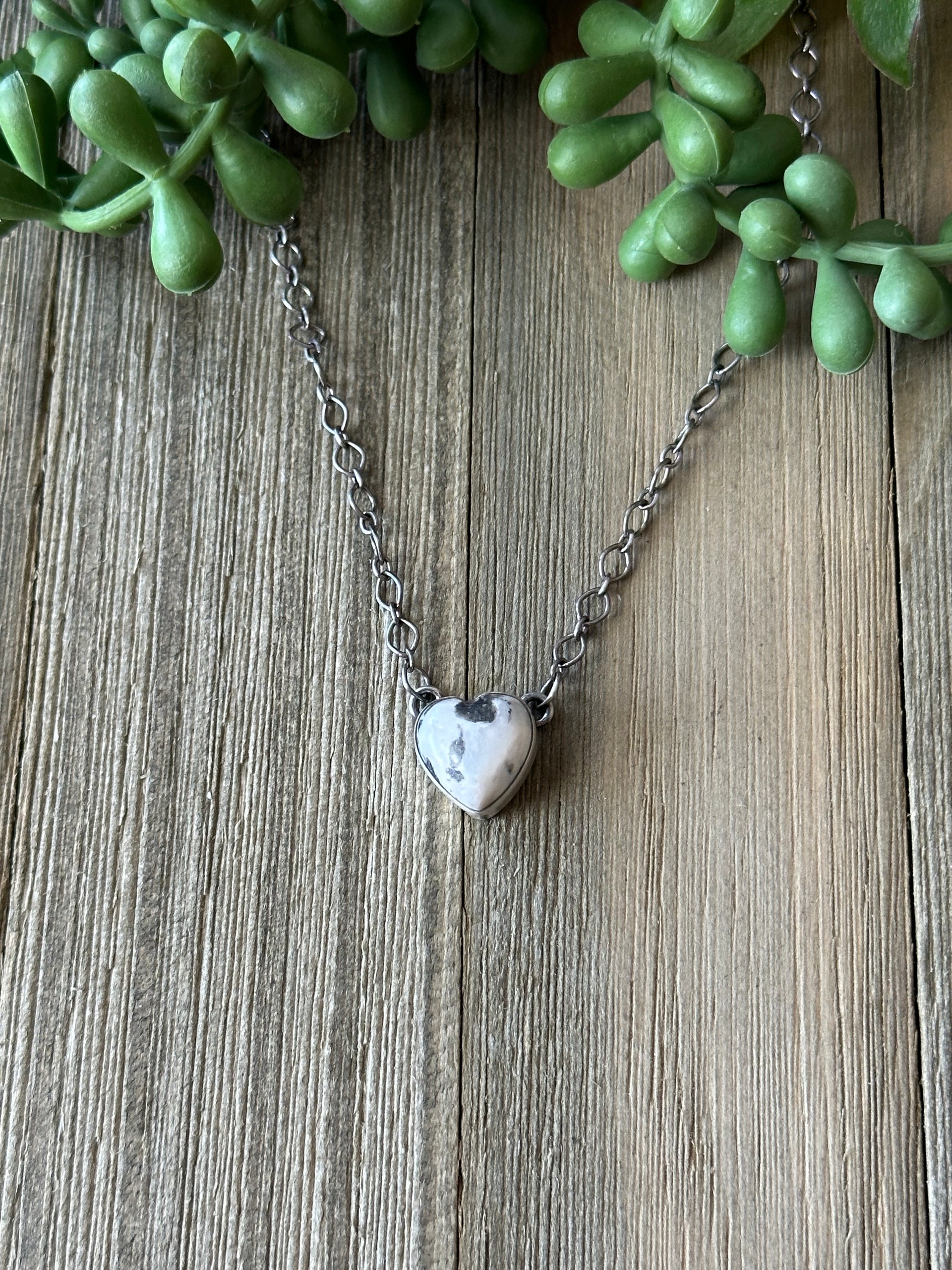 Navajo Made White Buffalo & Sterling Silver Heart Necklace