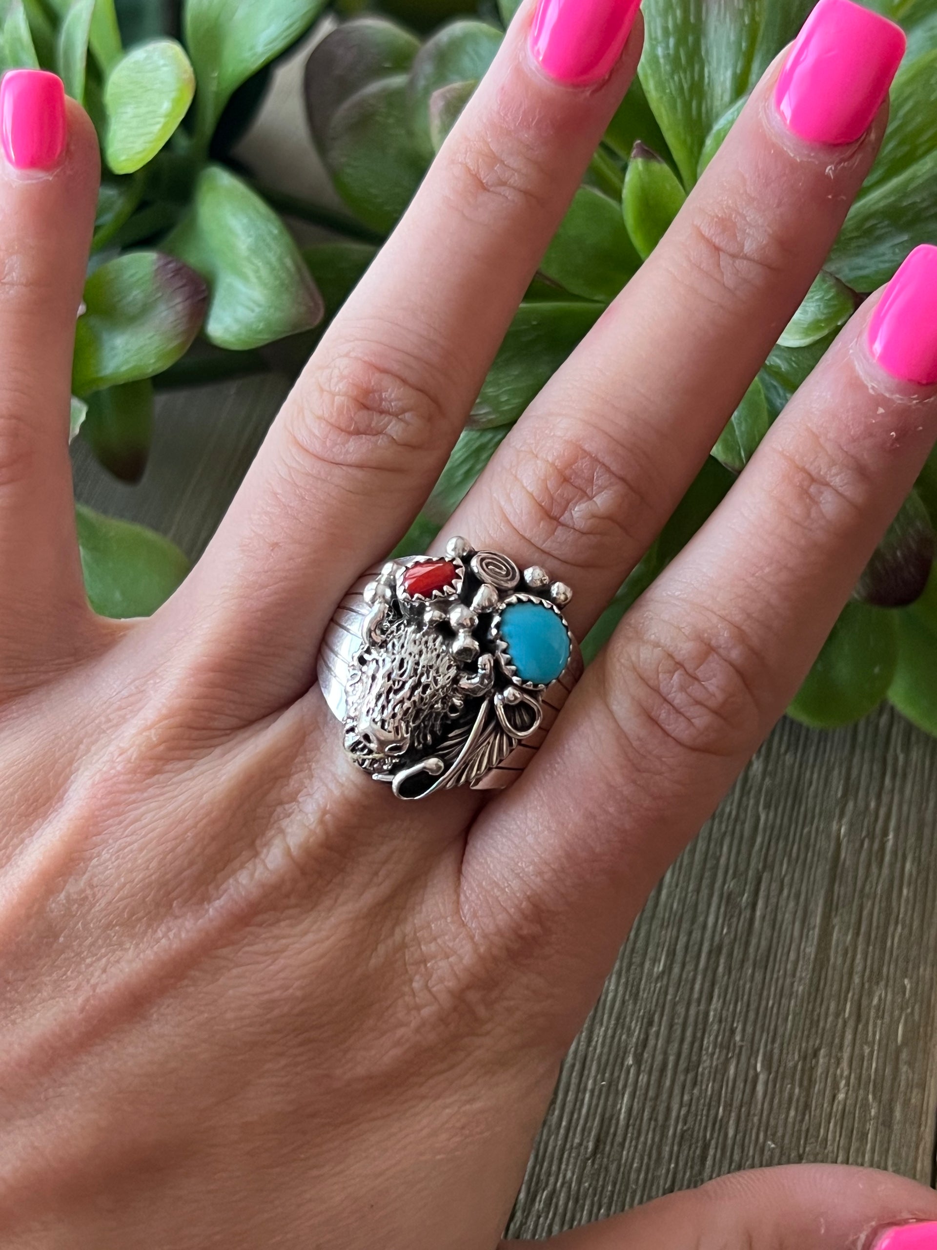 Navajo Made Multi Stone & Sterling Silver Ring Size 12