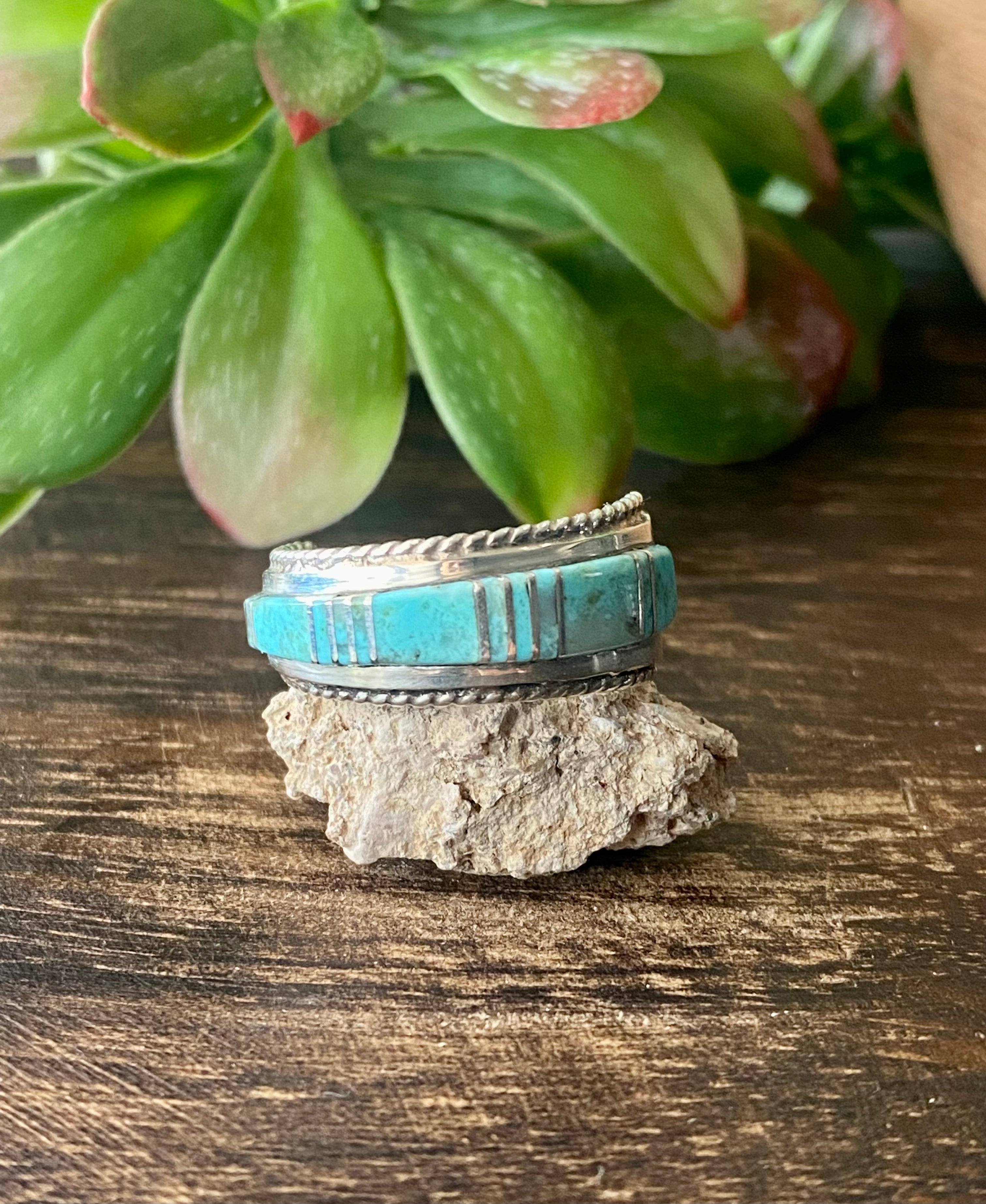 Navajo Made Kingman Turquoise & Sterling Silver Inlay Ring Size 11.5