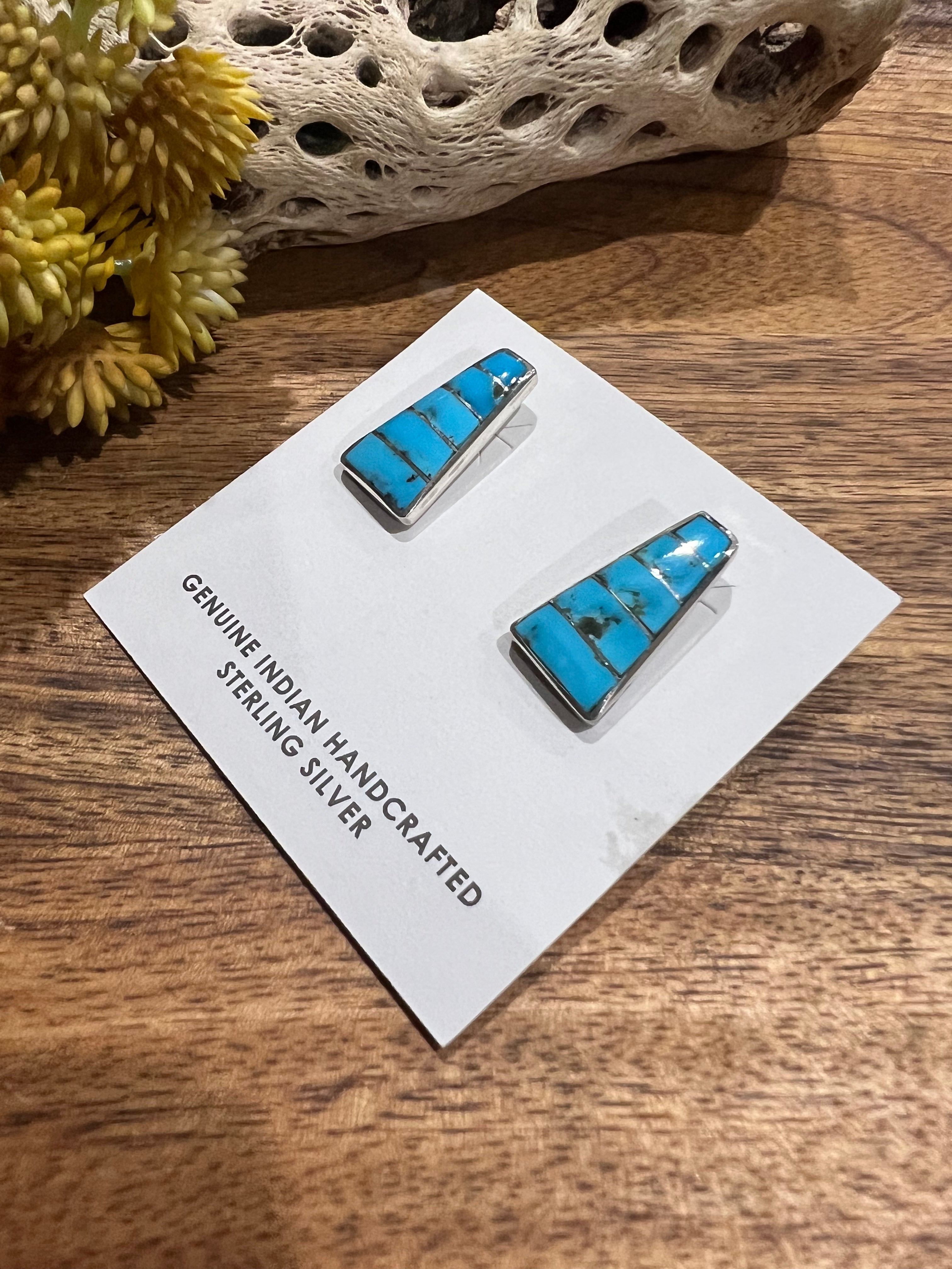 Zuni Made Kingman Turquoise & Sterling Silver Inlay Post Earrings