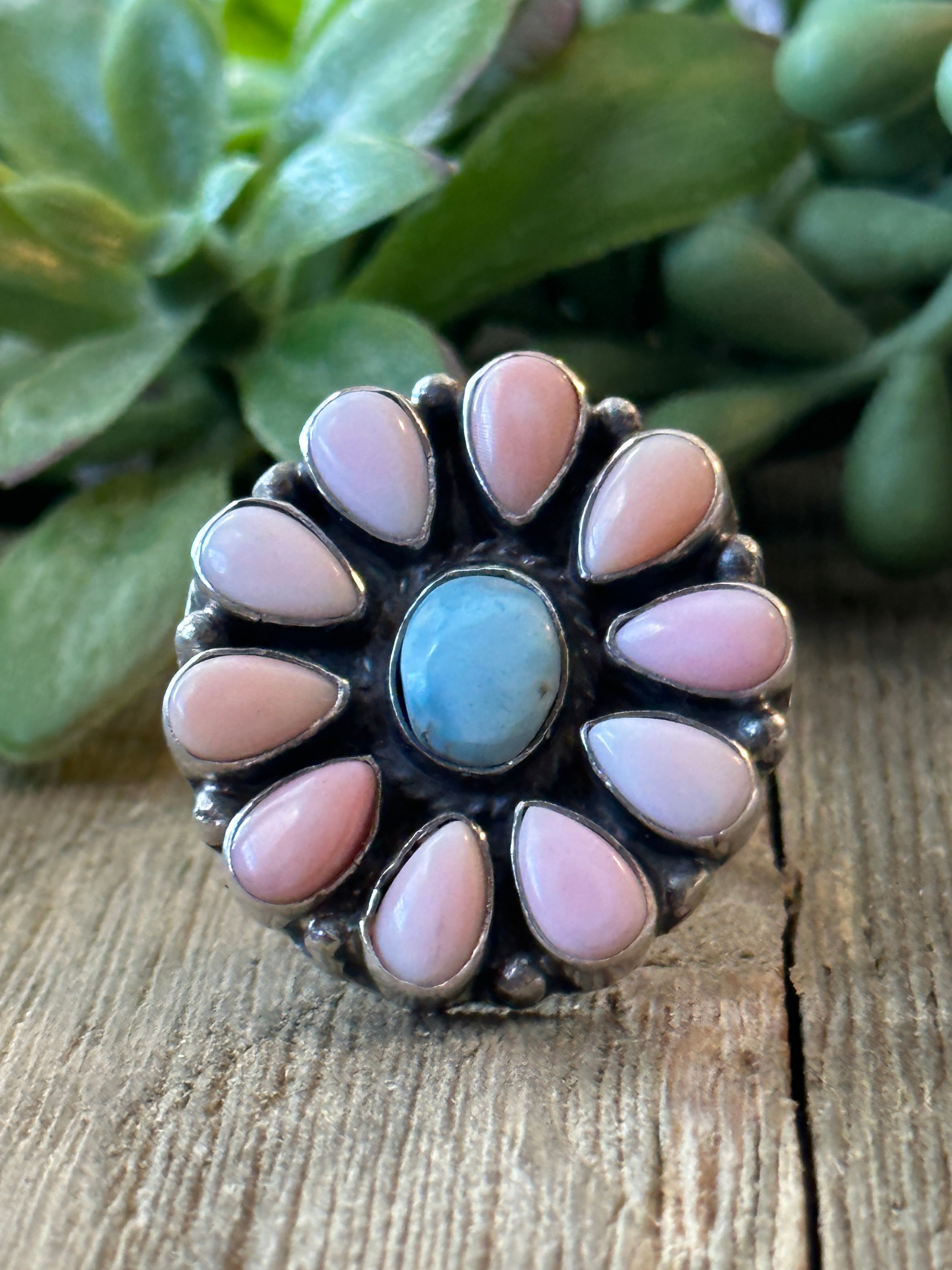 Navajo Made Golden Hill & Pink Conch & Sterling Silver Adjustable Cluster Ring