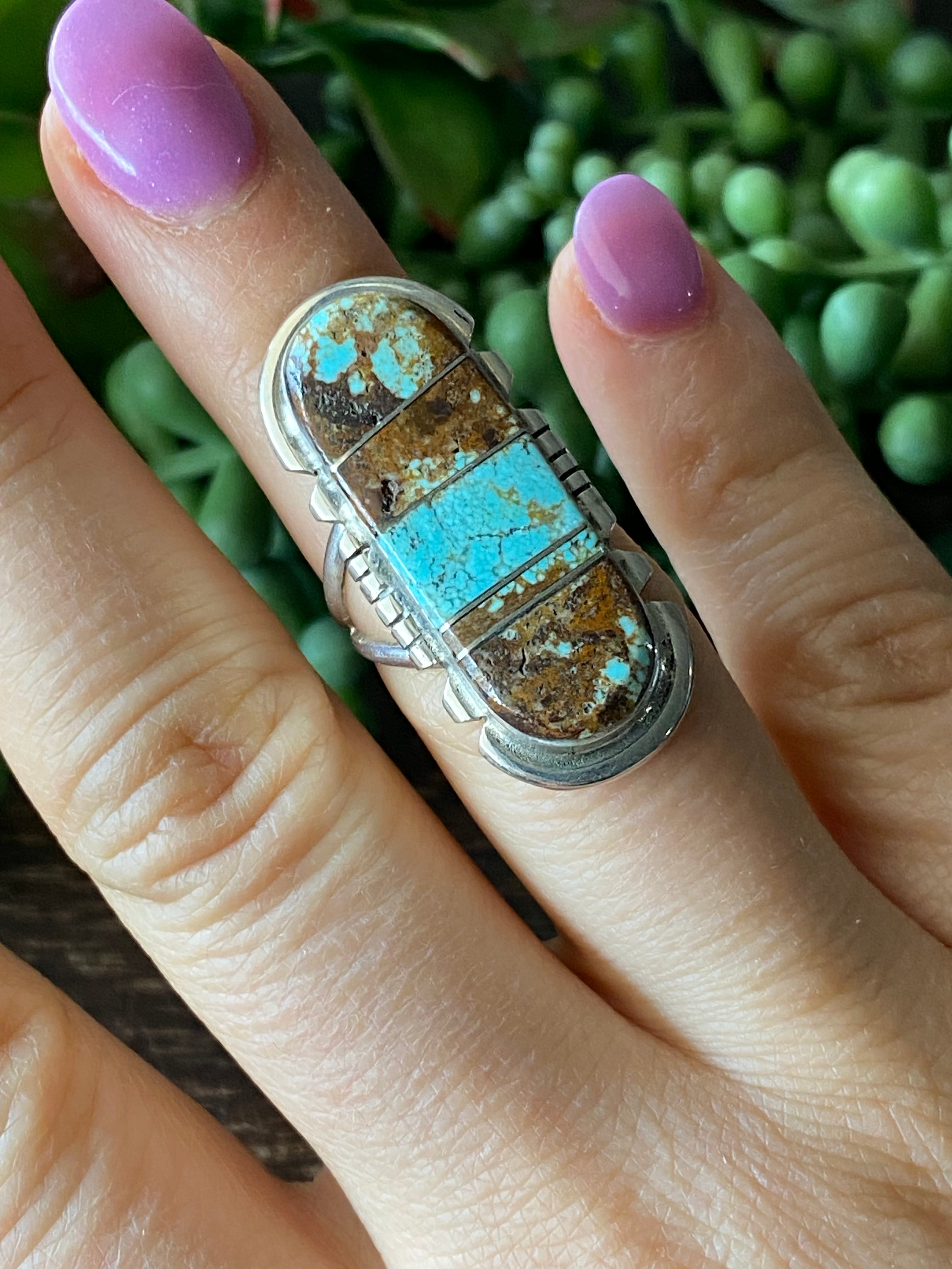 Navajo Made #8 Turquoise & Sterling Silver Inlay Ring Size 6.75