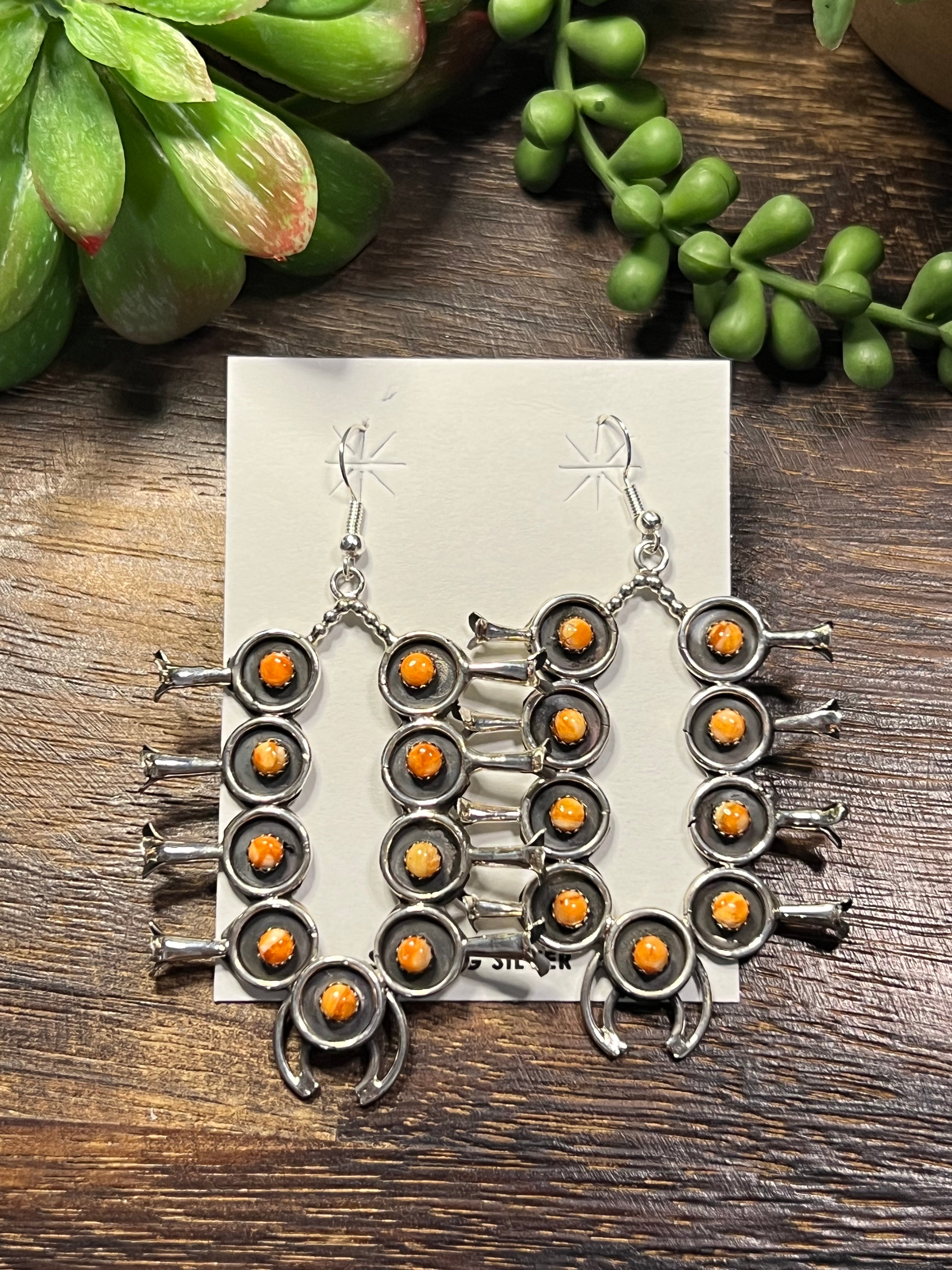Navajo Made Spiny Oyster & Sterling Silver Dangle Squash Blossom Earrings