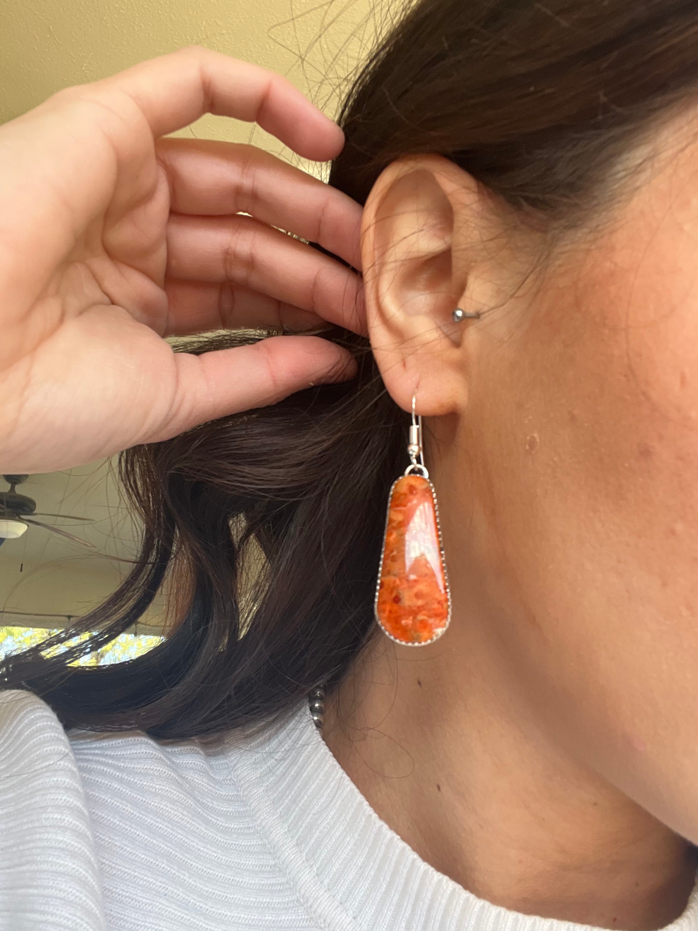 Navajo Made Apple Coral & Sterling Silver Dangle Earrings