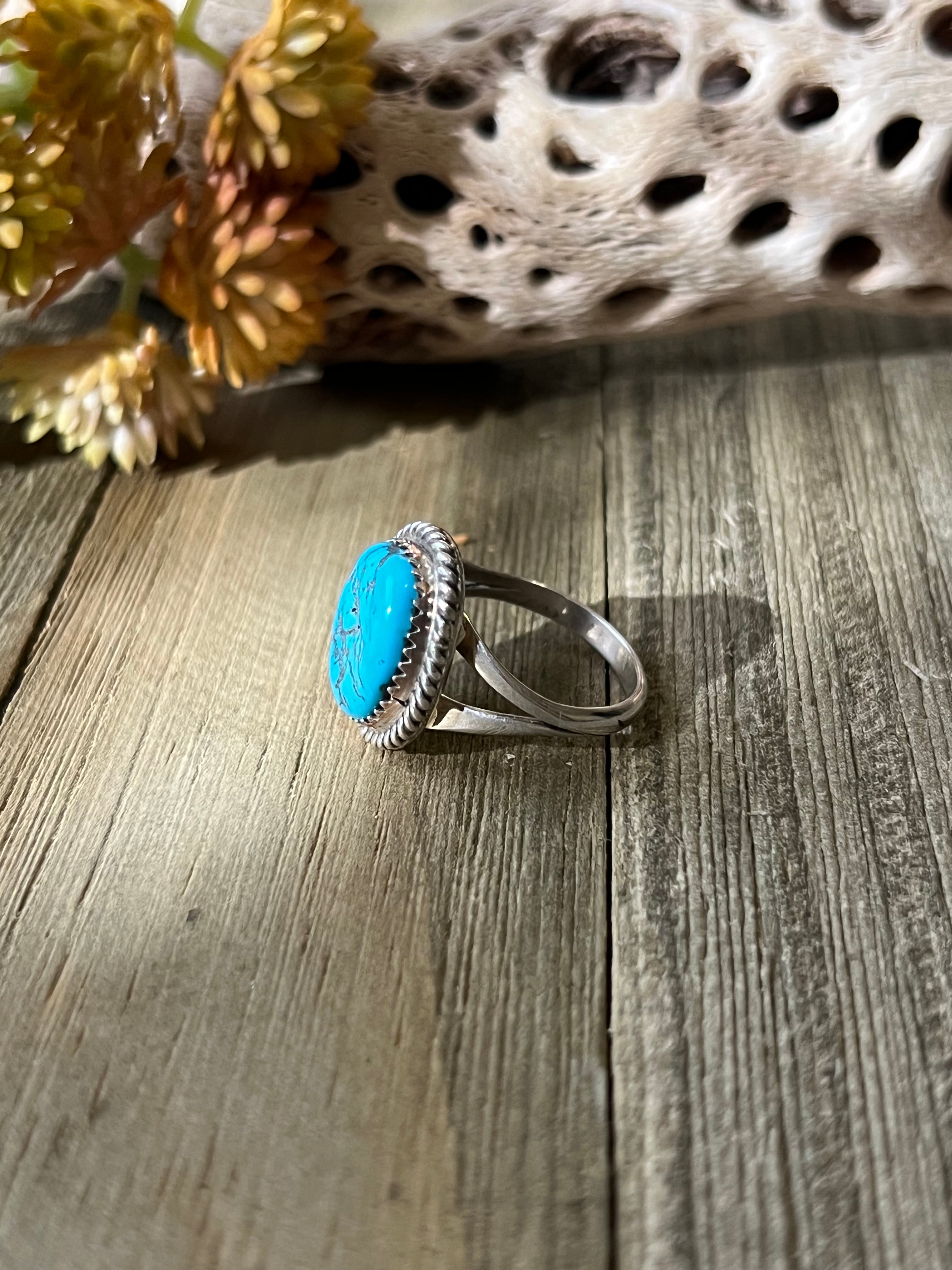 Navajo Made Kingman Turquoise & Sterling Silver Ring Size 8.25