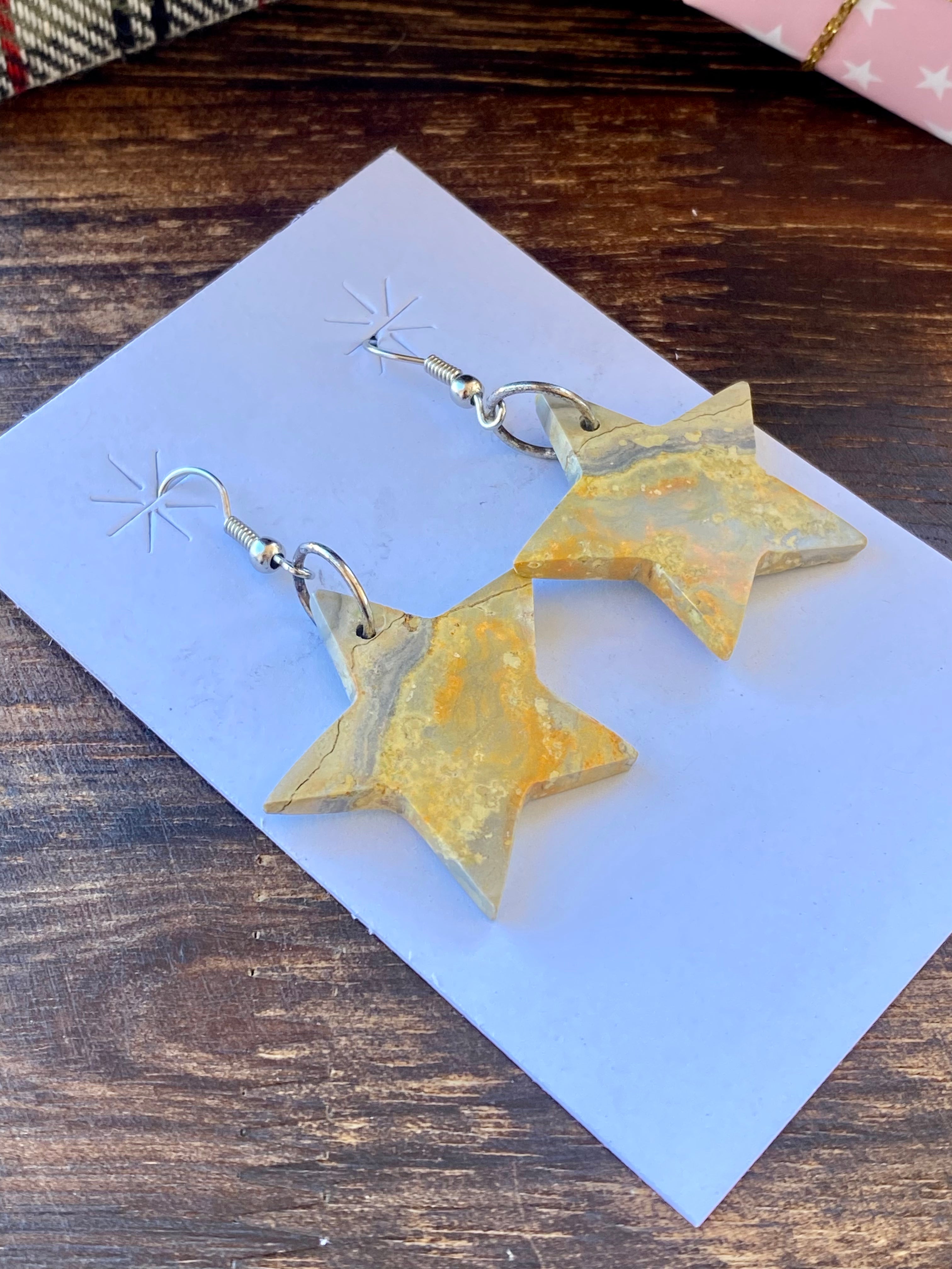 Southwest Handmade Bumblebee Jasper & Sterling Silver Star Dangle Earrings