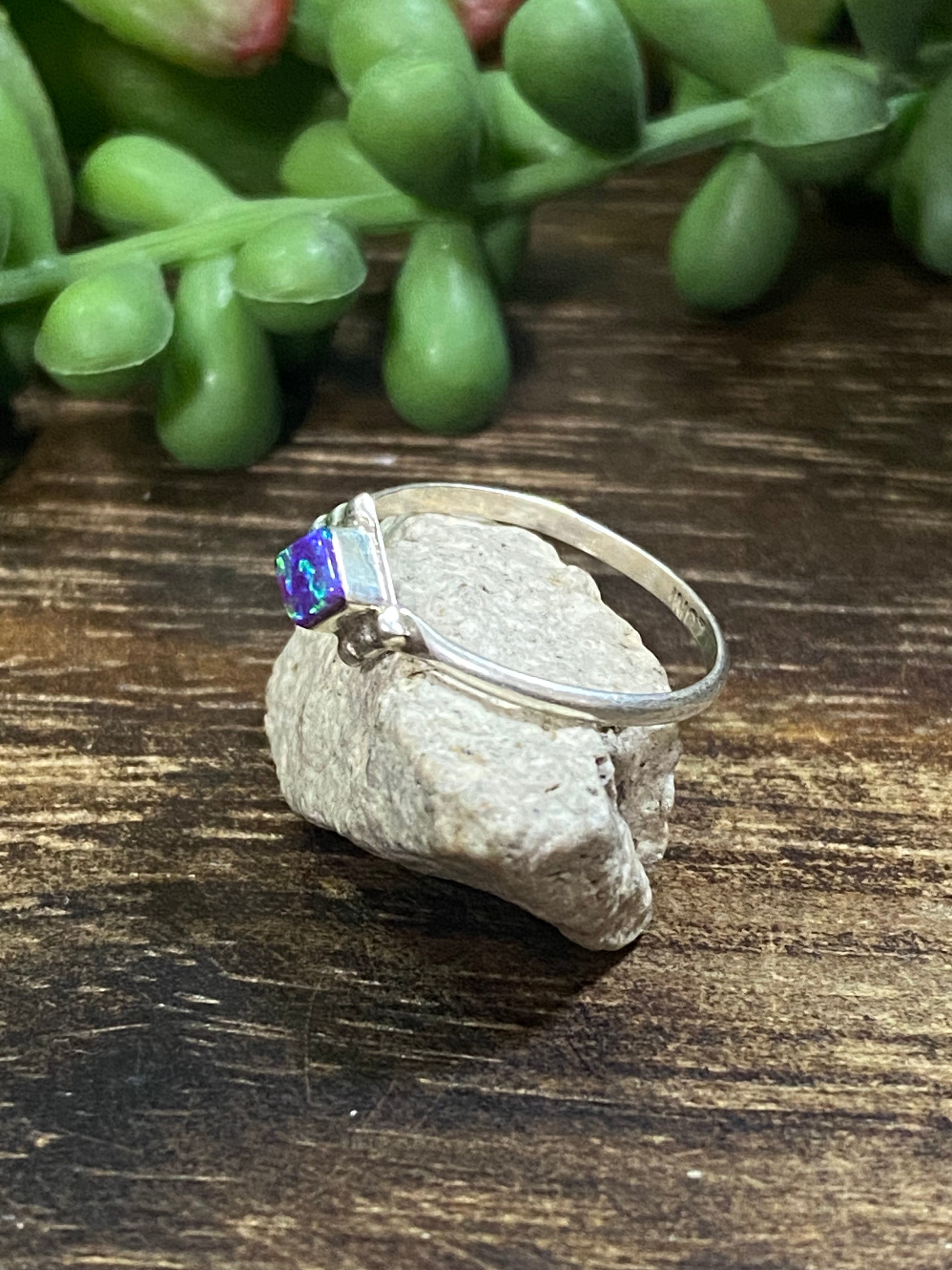 Navajo Made Purple Opal (Man-Made) & Sterling Silver Ring Size 5.5