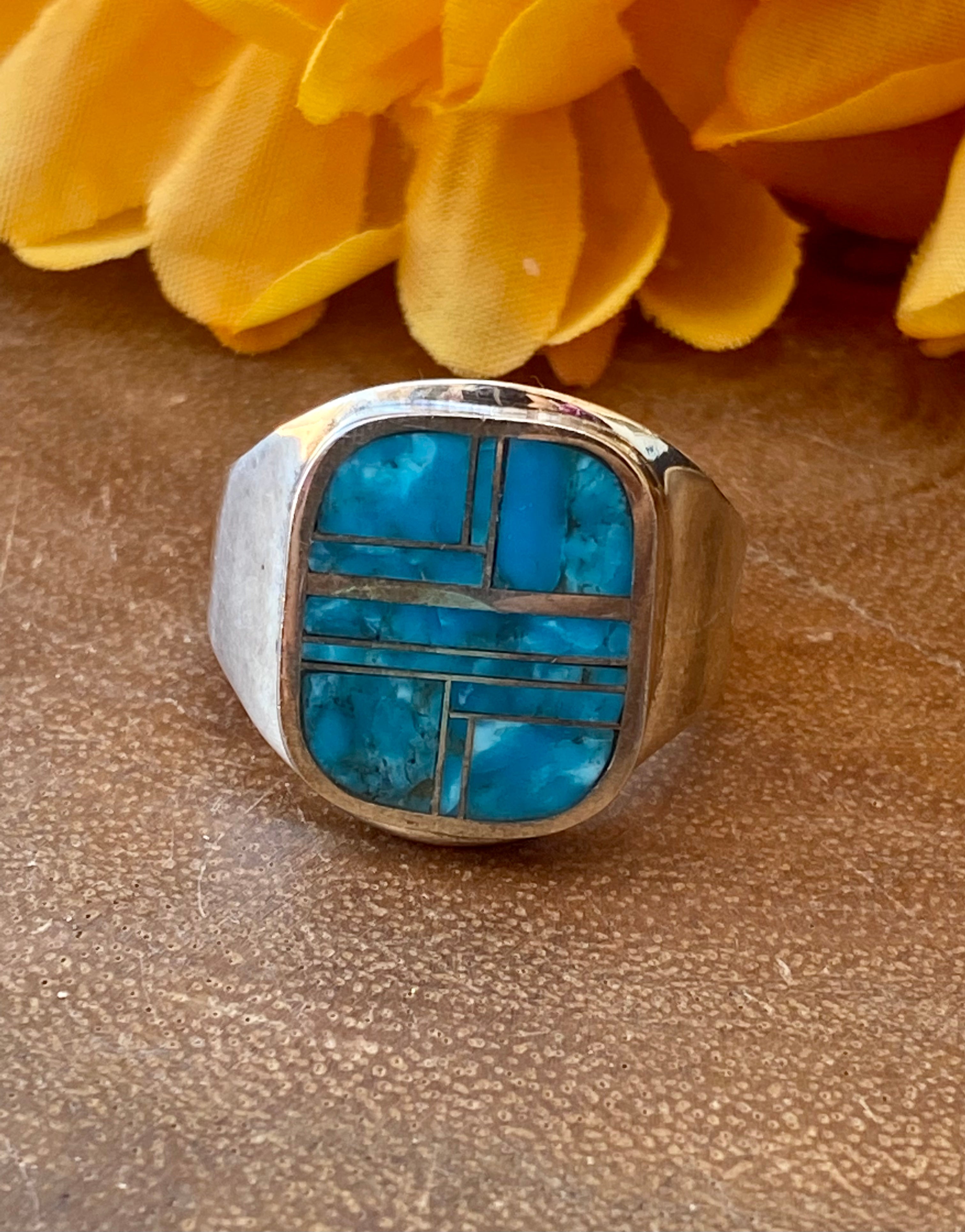 Navajo Made Kingman Turquoise & Sterling Silver Men’s Inlay Ring Size 13.75