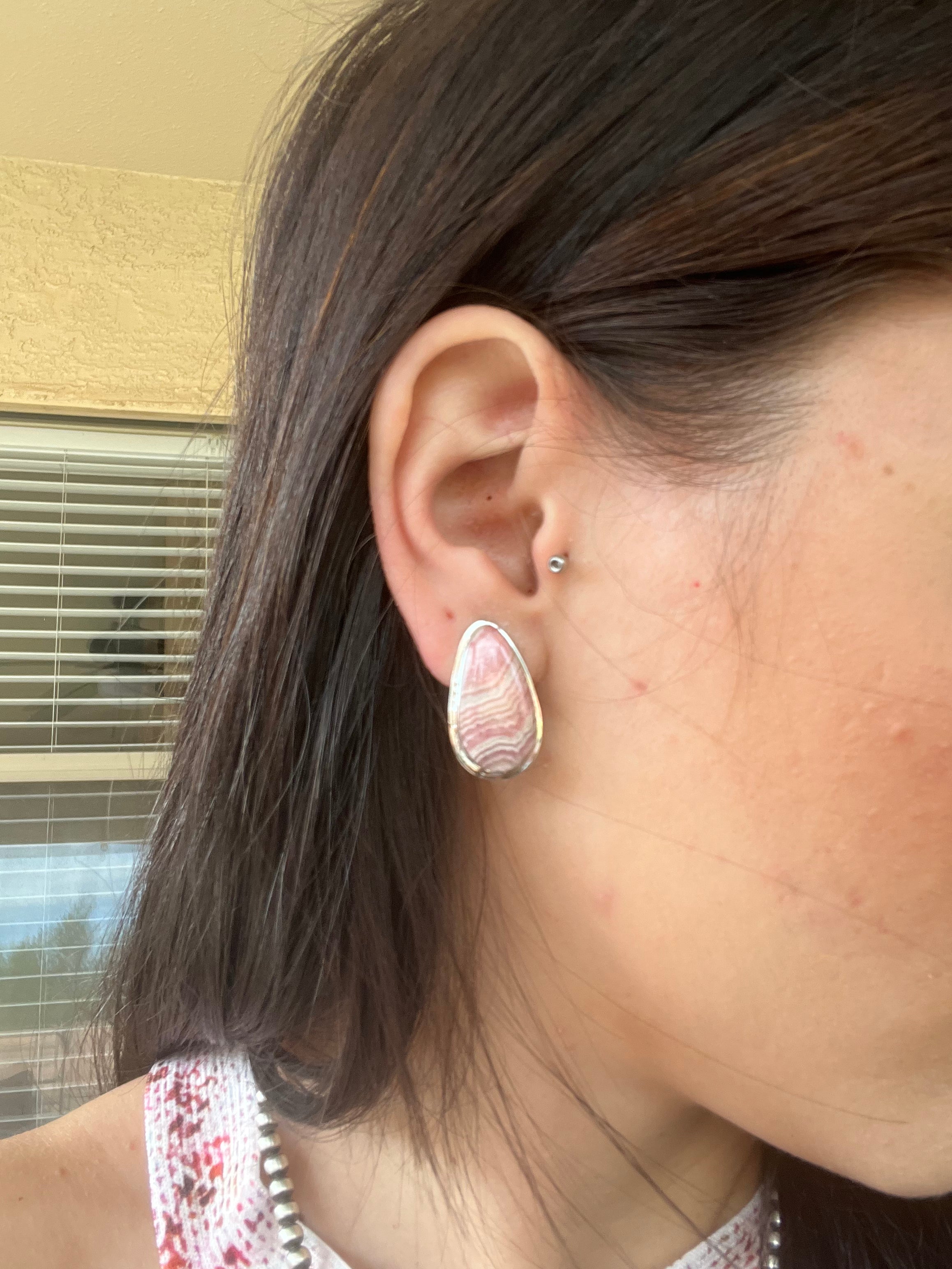 Navajo Made Rhodochrosite  & Sterling Silver Clip On Earrings