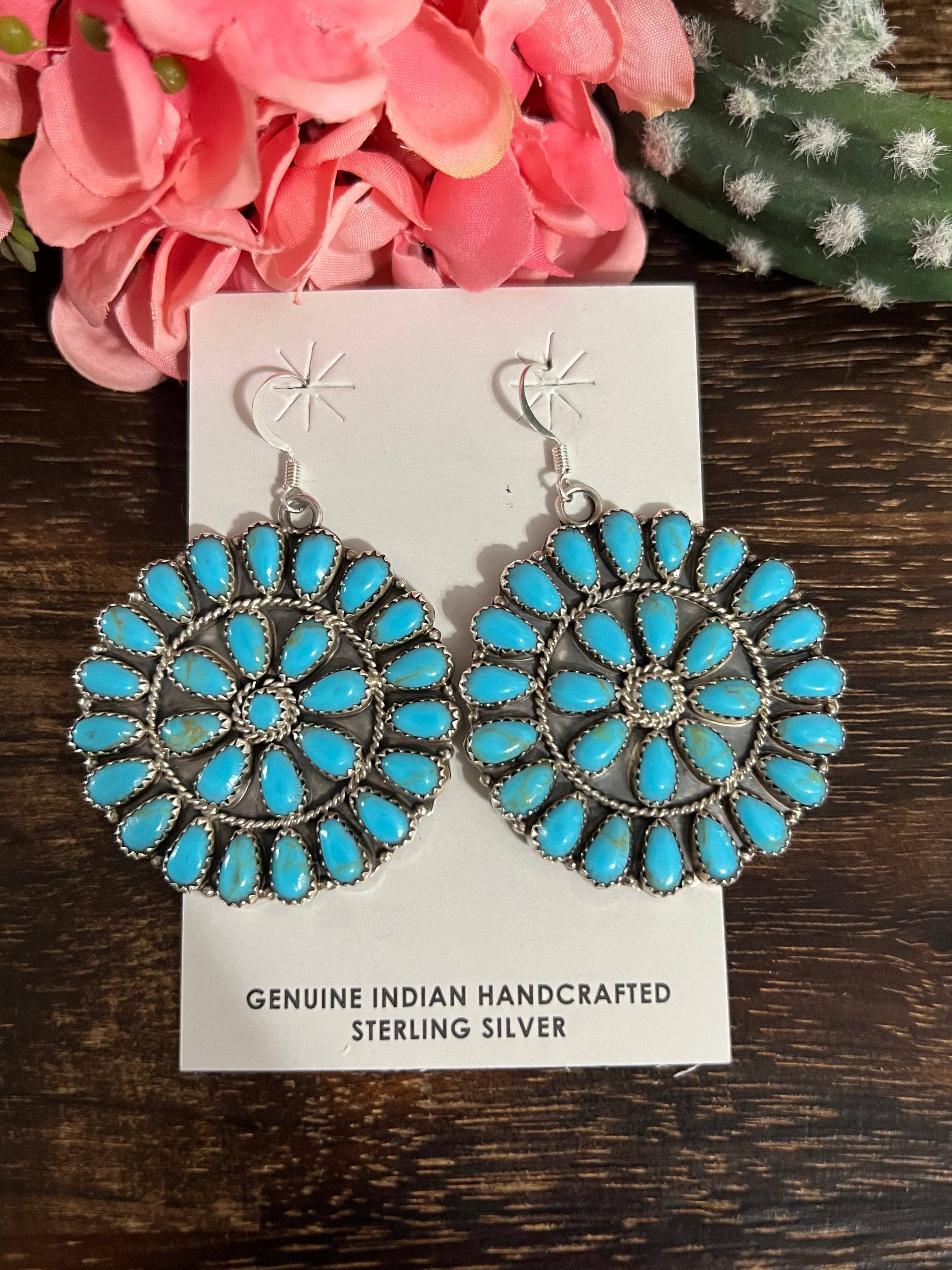 Navajo Made Sterling Silver Cluster Dangle Earrings