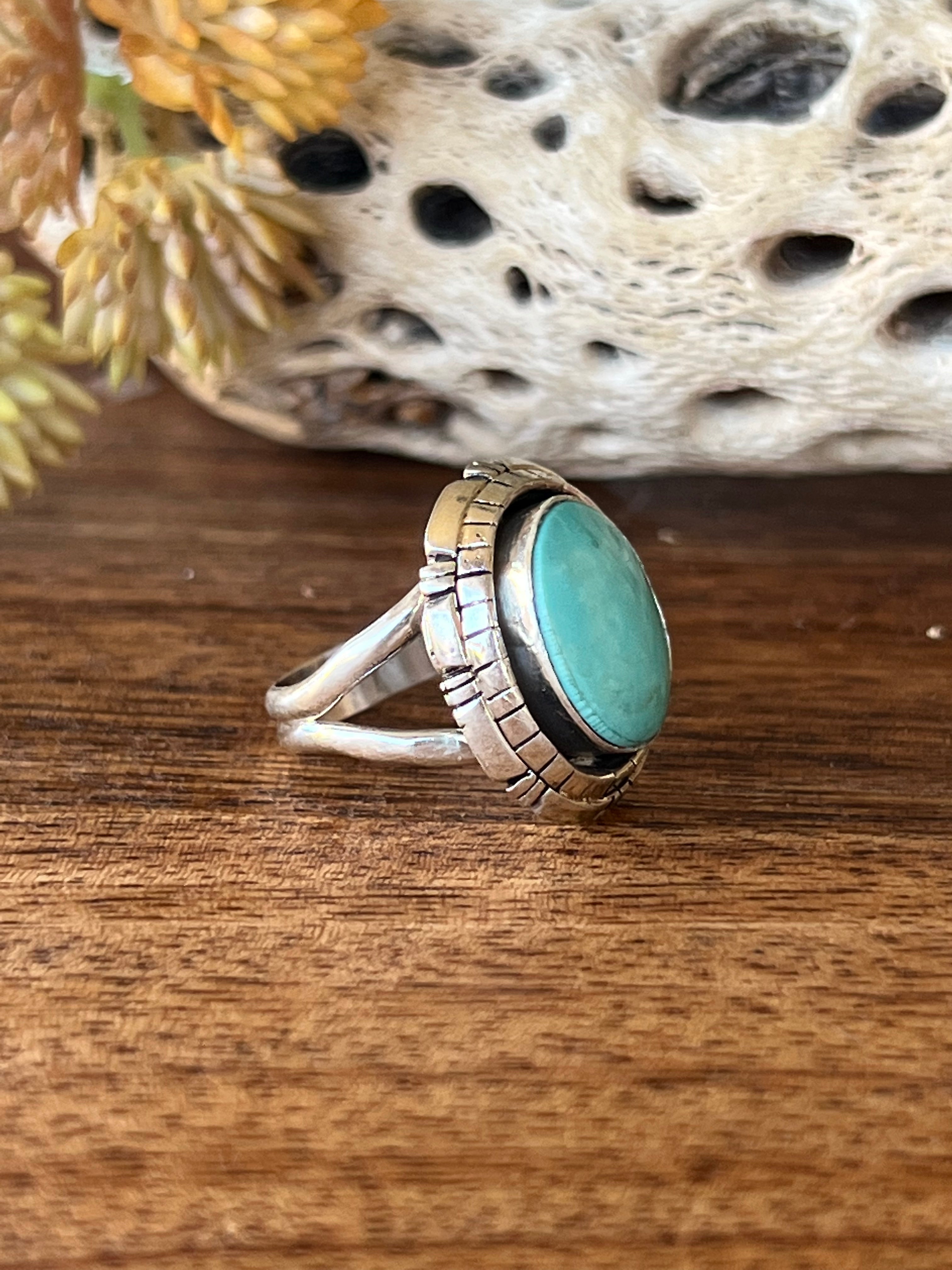 Navajo Made Kingman Turquoise & Sterling Silver Ring Size 6.5