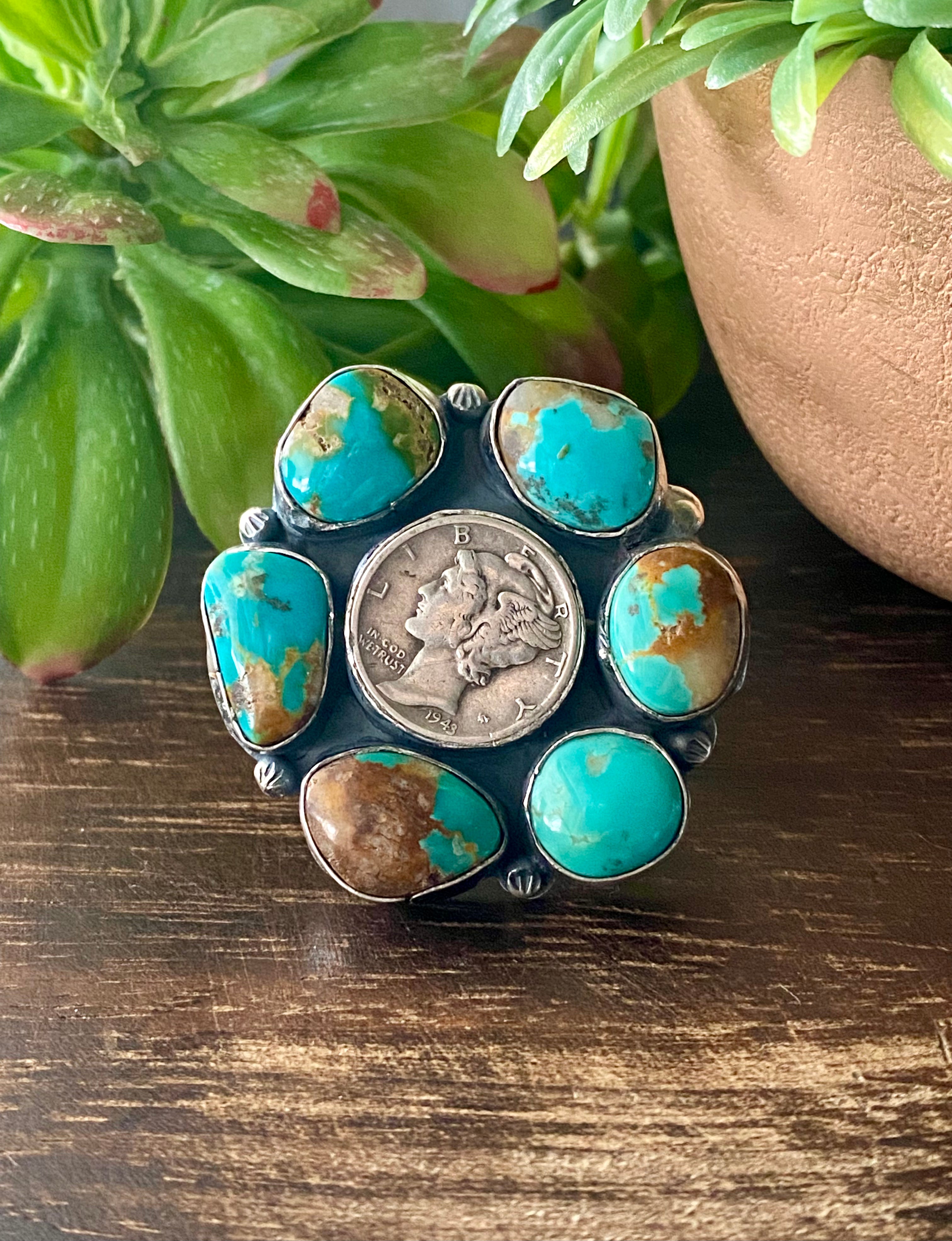 Gilbert Nez Thunder Mountain Turquoise & Sterling Silver Dime Ring Size 10.25