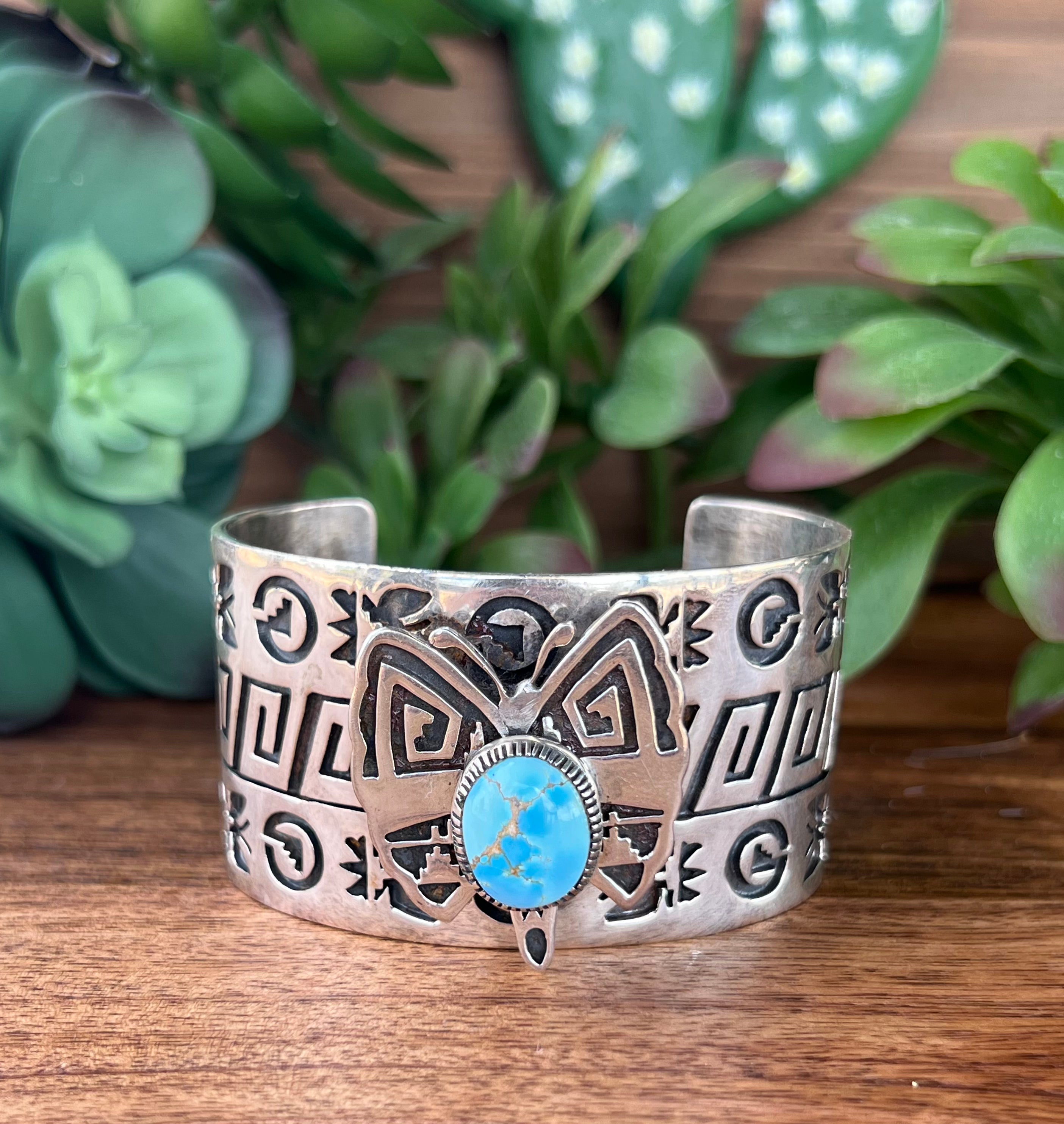 Navajo Golden Hill Turquoise & Sterling Silver Butterfly Cuff Bracelet