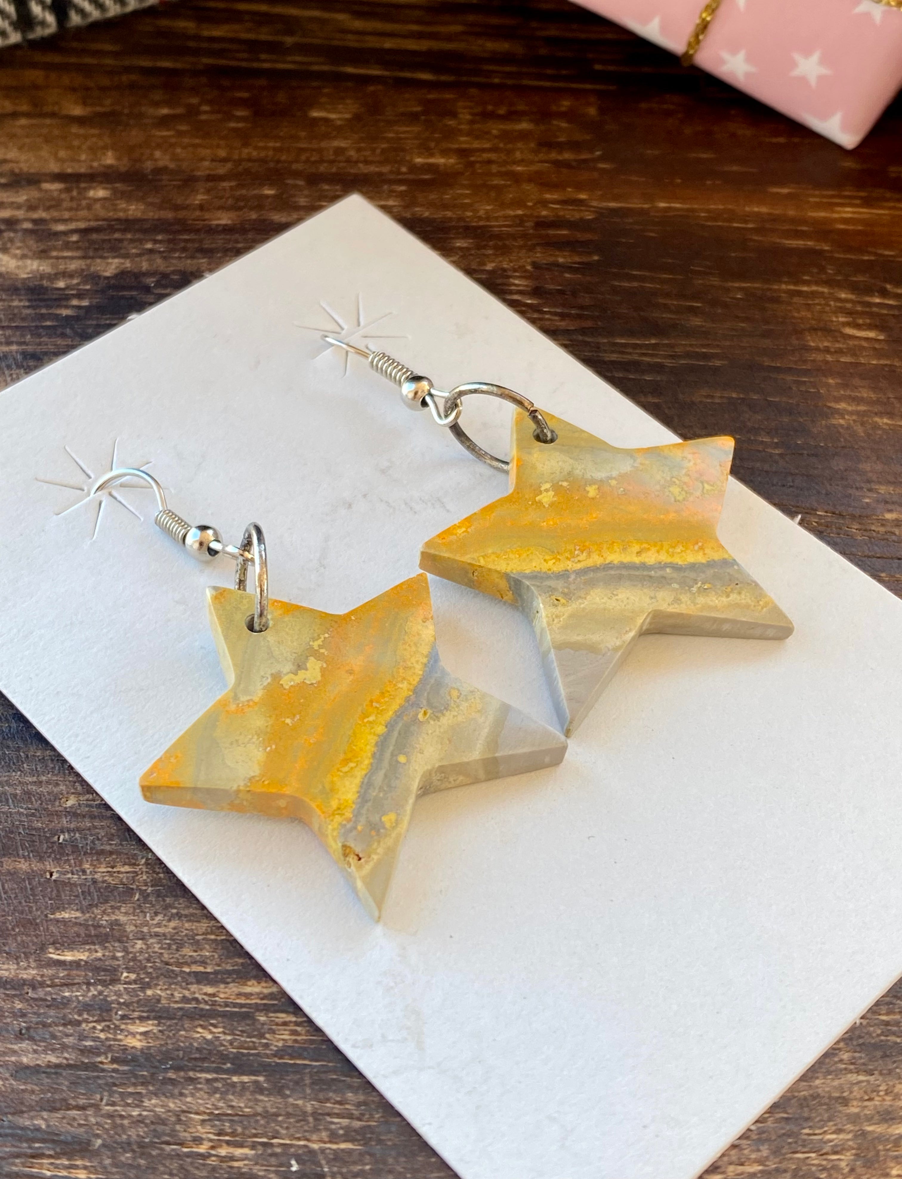 Southwest Handmade Bumblebee Jasper & Sterling Silver Star Dangle Earrings