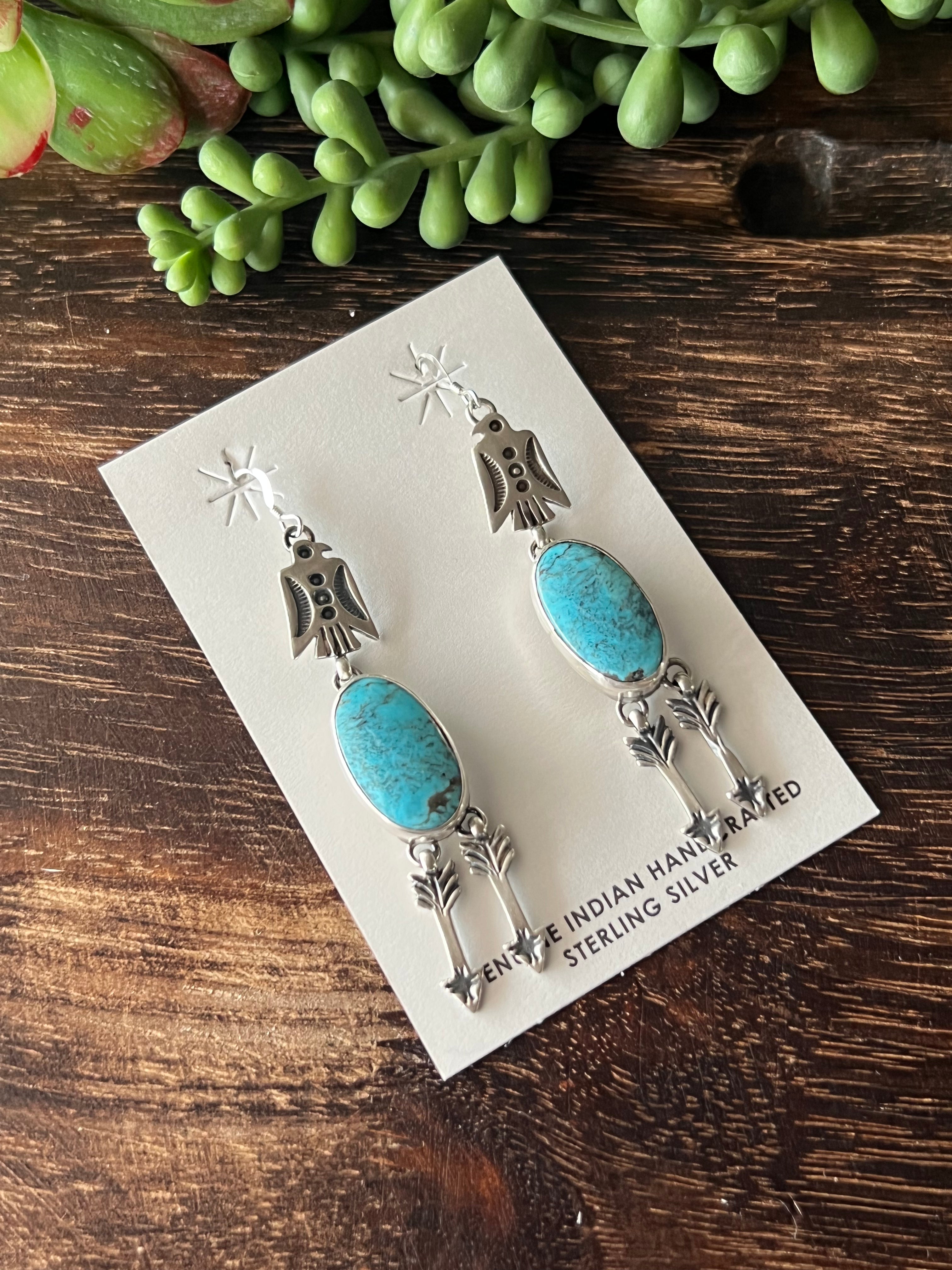 John Begay Kingman Turquoise & Sterling Silver Dangle Thunderbird Earrings