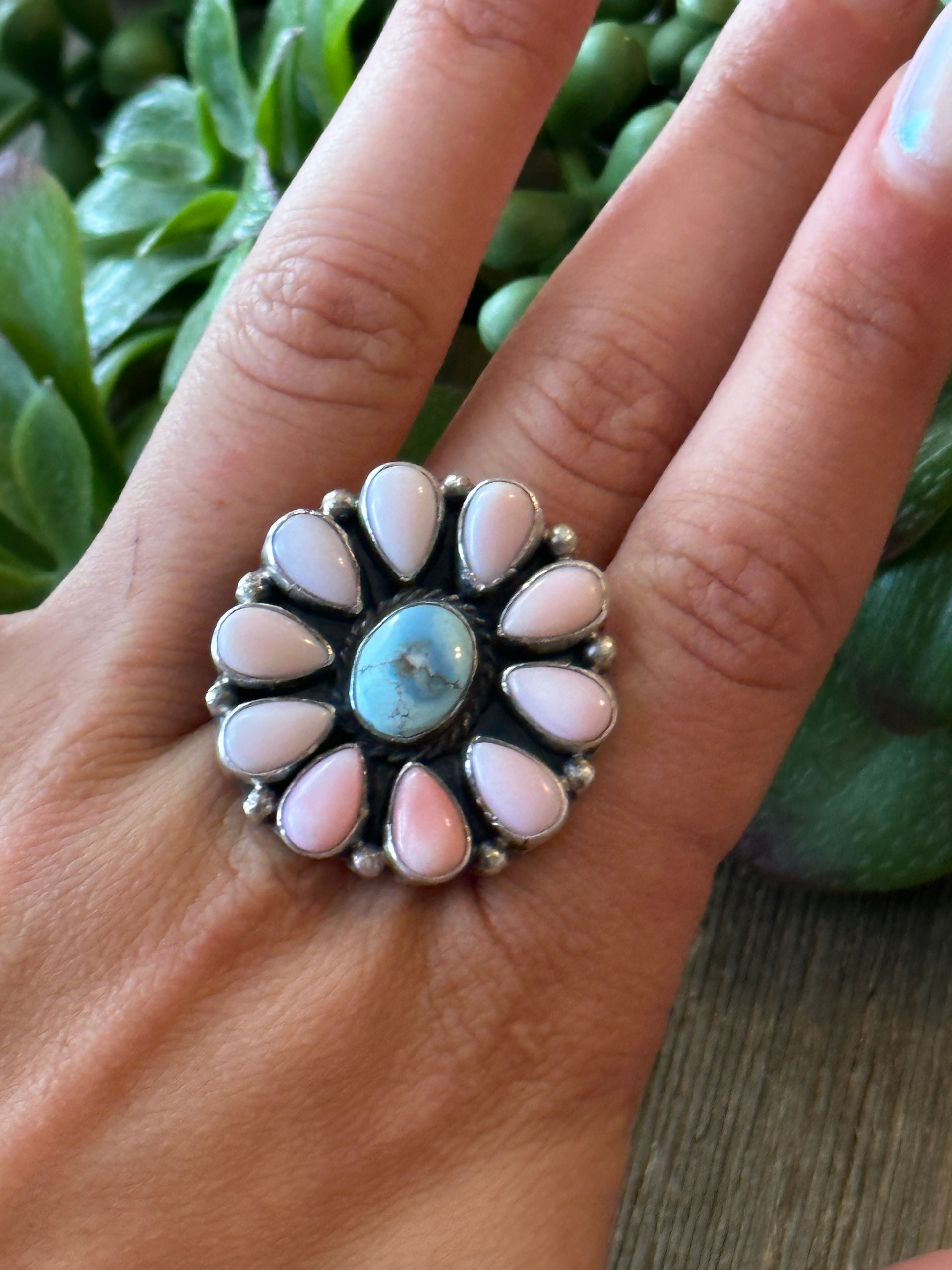 Navajo Made Golden Hill & Pink Conch & Sterling Silver Adjustable Cluster Ring