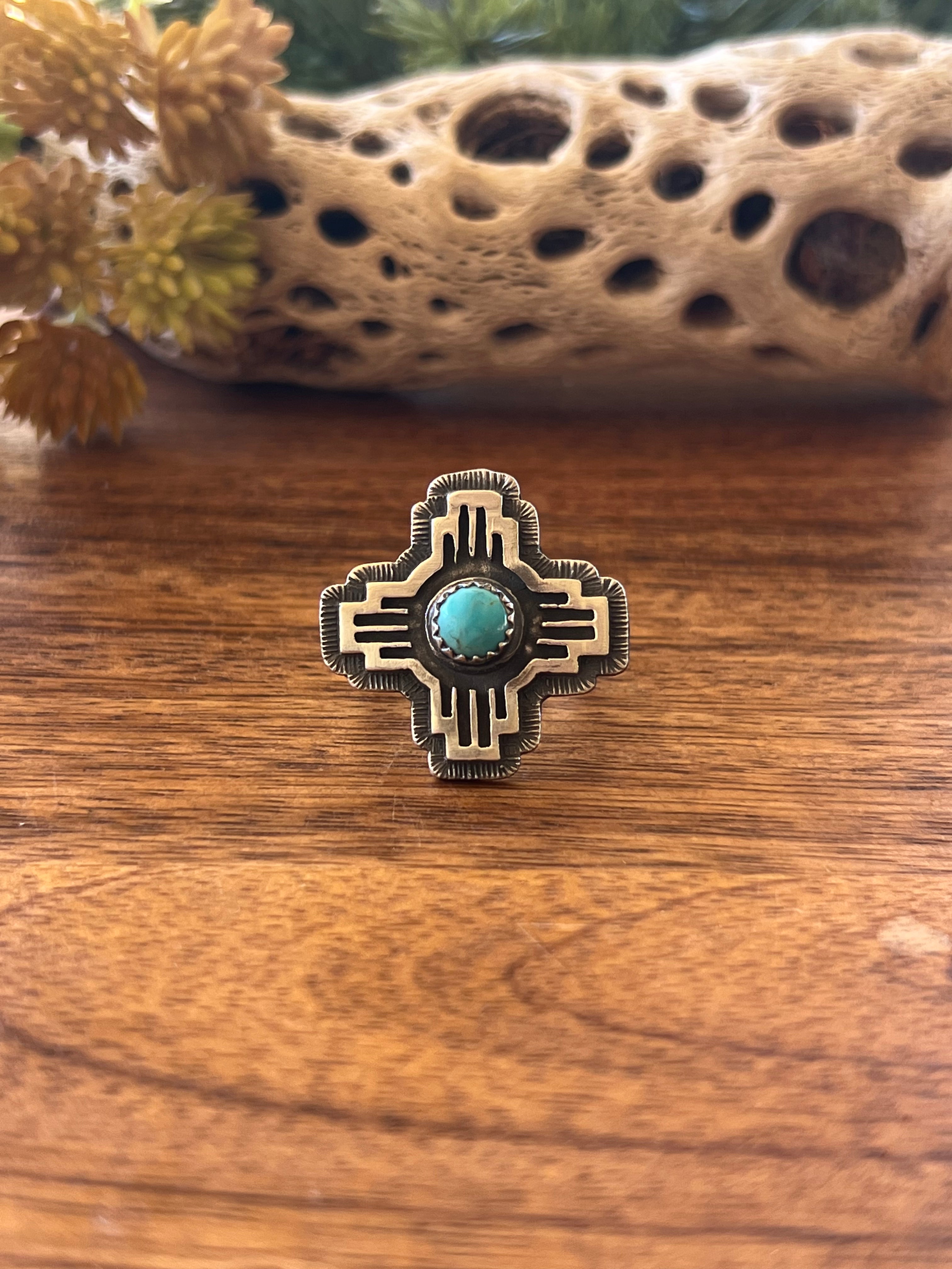 Navajo Made Kingman Turquoise & Sterling Silver Zia Ring