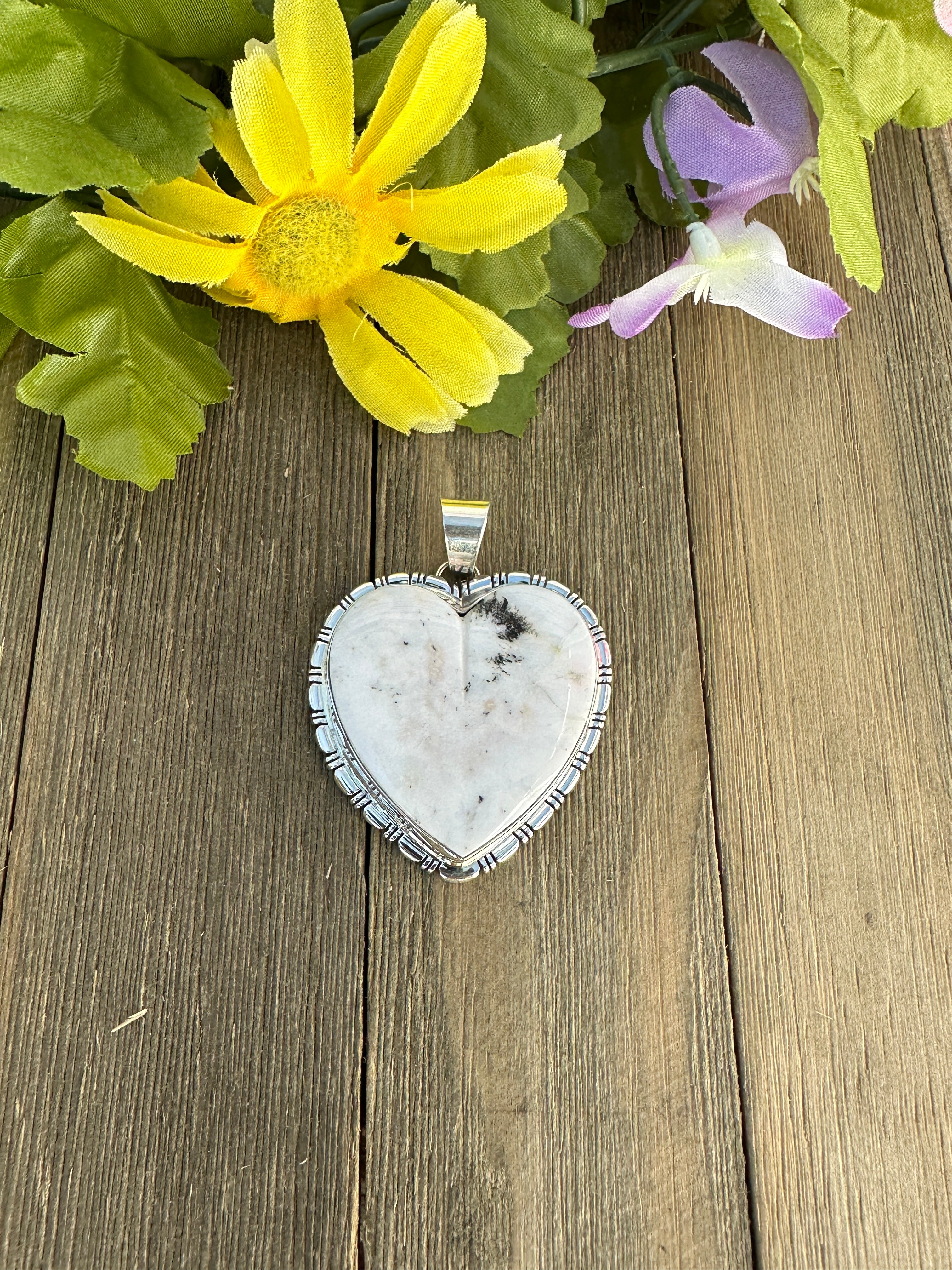 Navajo Made White Buffalo & Sterling Silver Heart Pendant