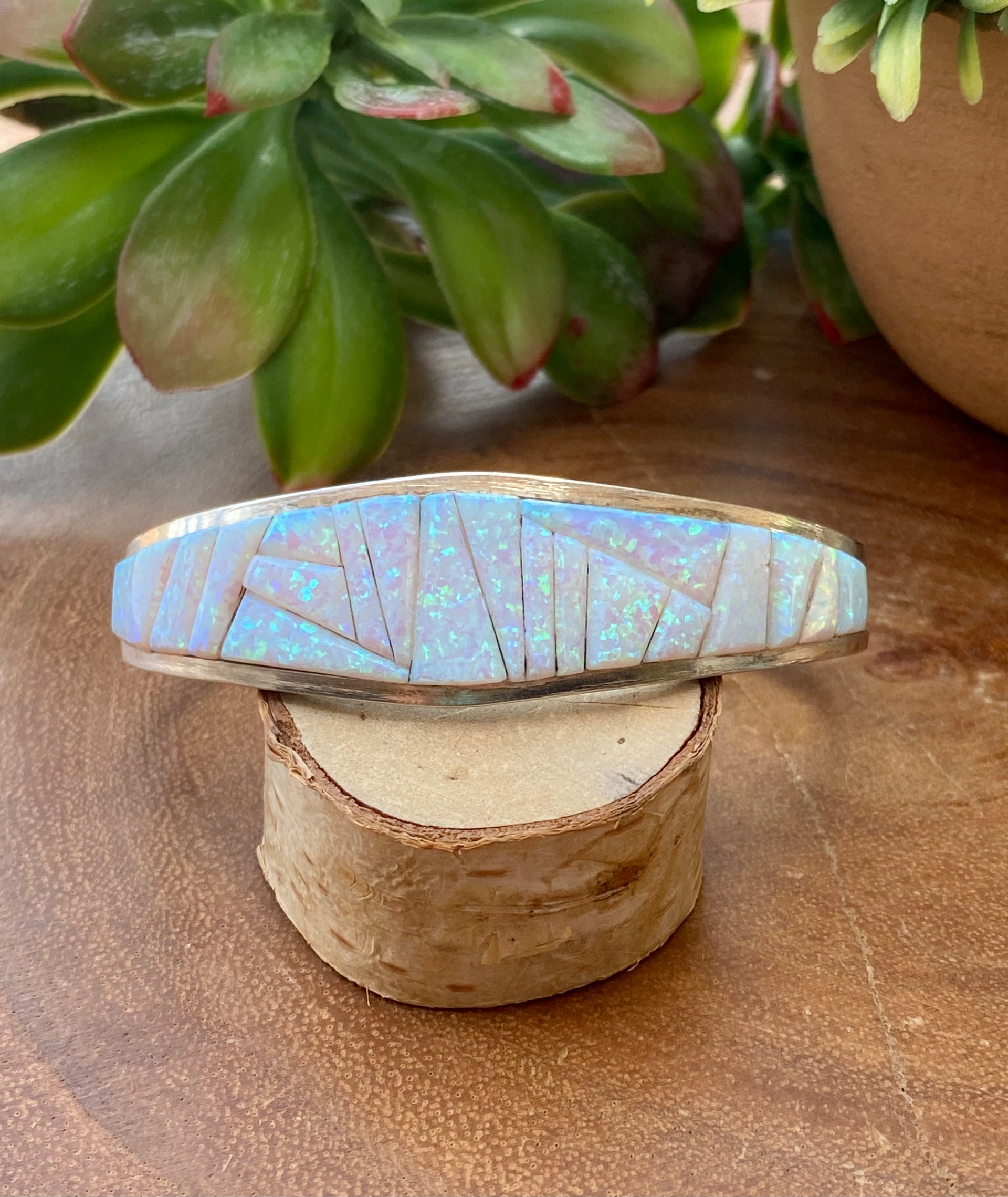 Navajo Made White Opal & Sterling Silver Cobblestone Cuff Bracelet