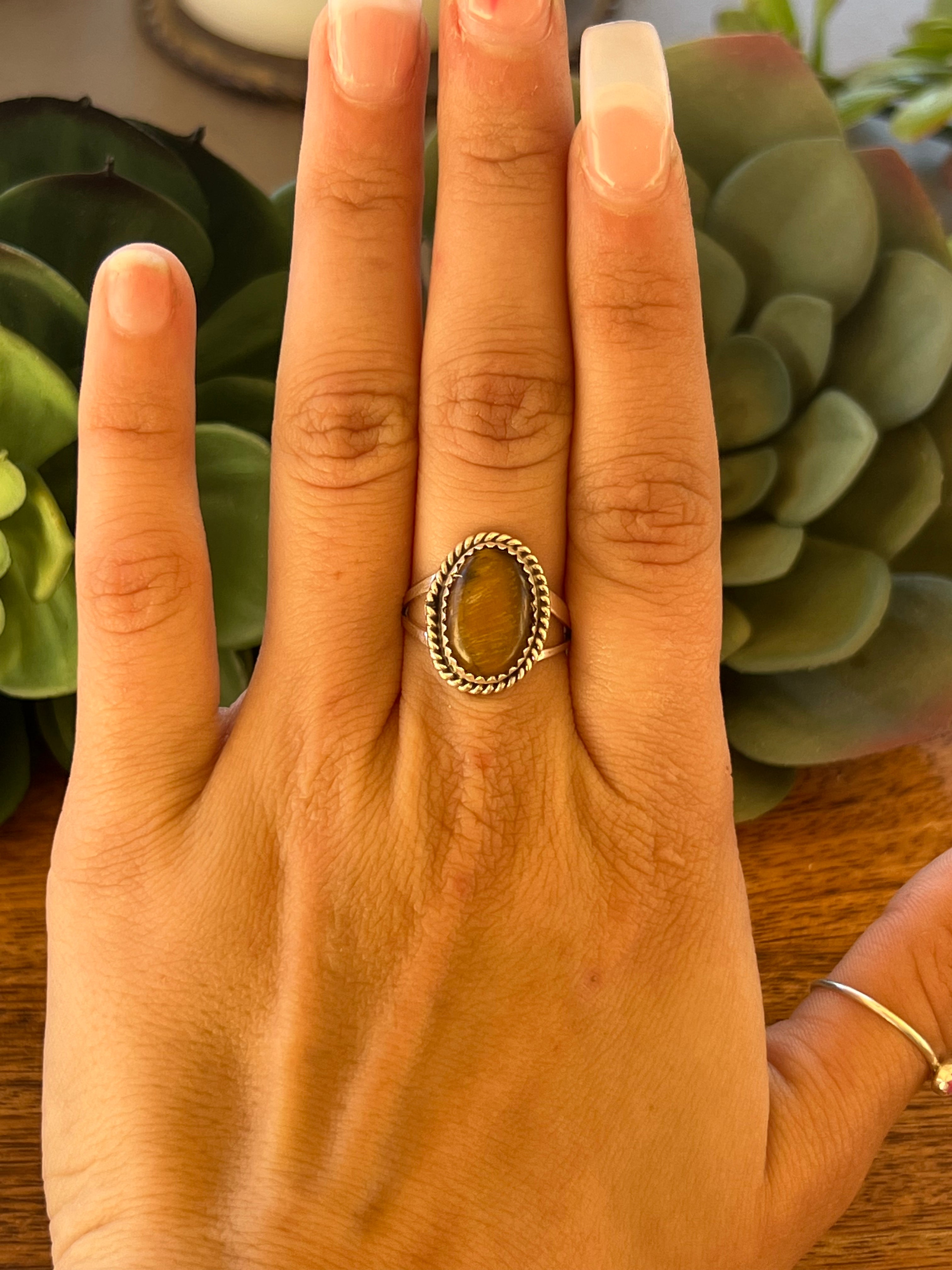 Navajo Made Tiger Eye & Sterling Silver Ring Size 7.5