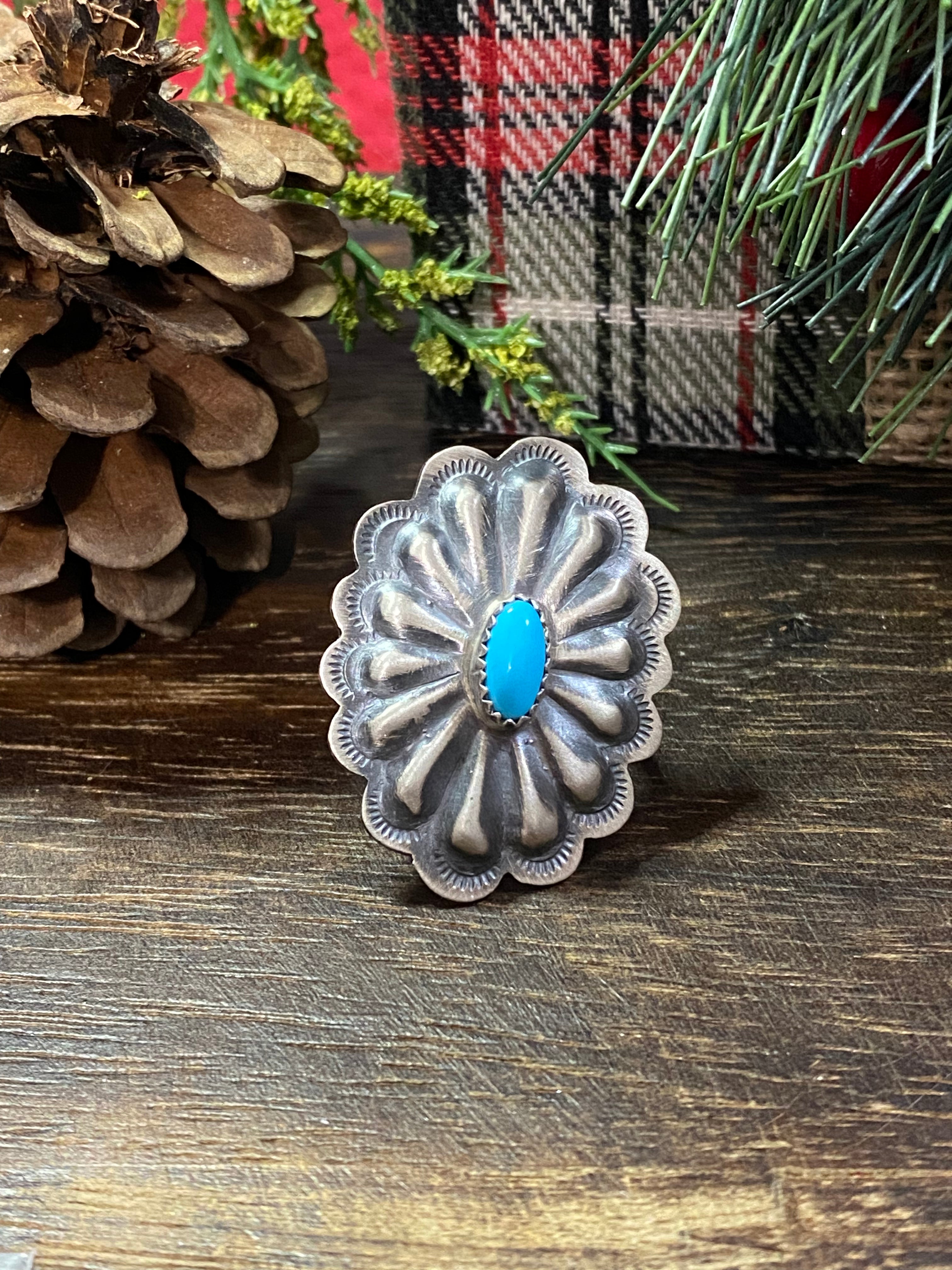 Navajo Made Kingman Turquoise & Sterling Silver Concho Rings