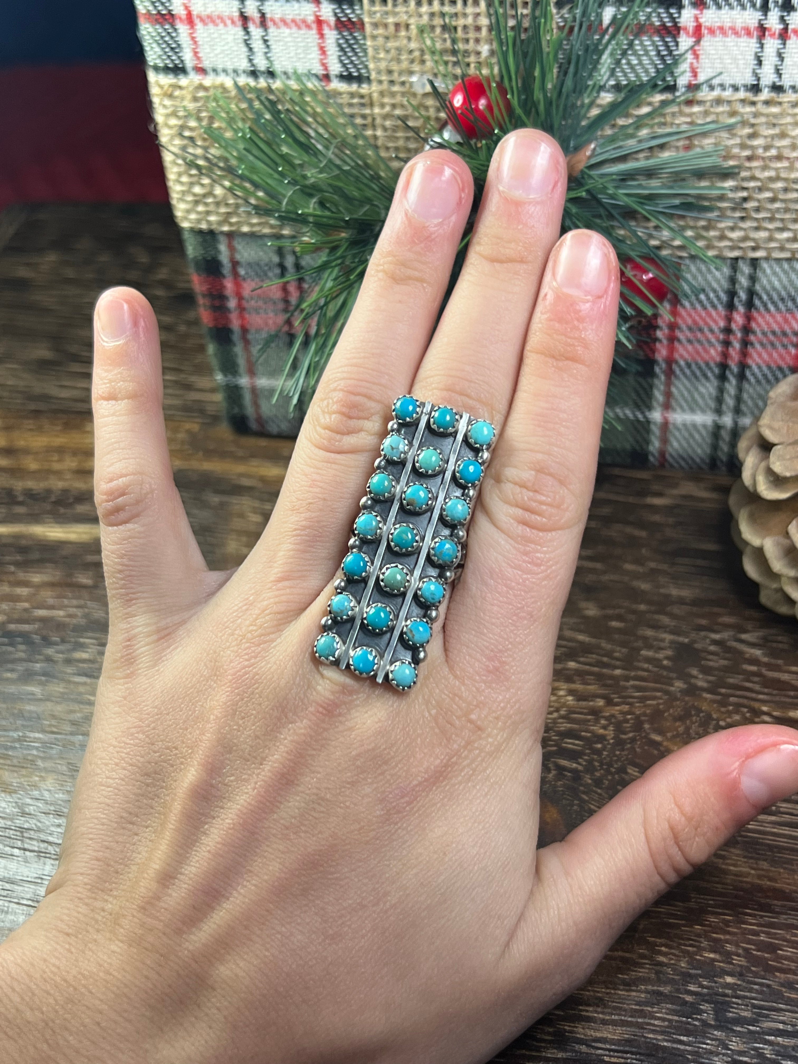 Navajo Made Kingman Turquoise & Sterling Silver Cluster Ring Size 8.75