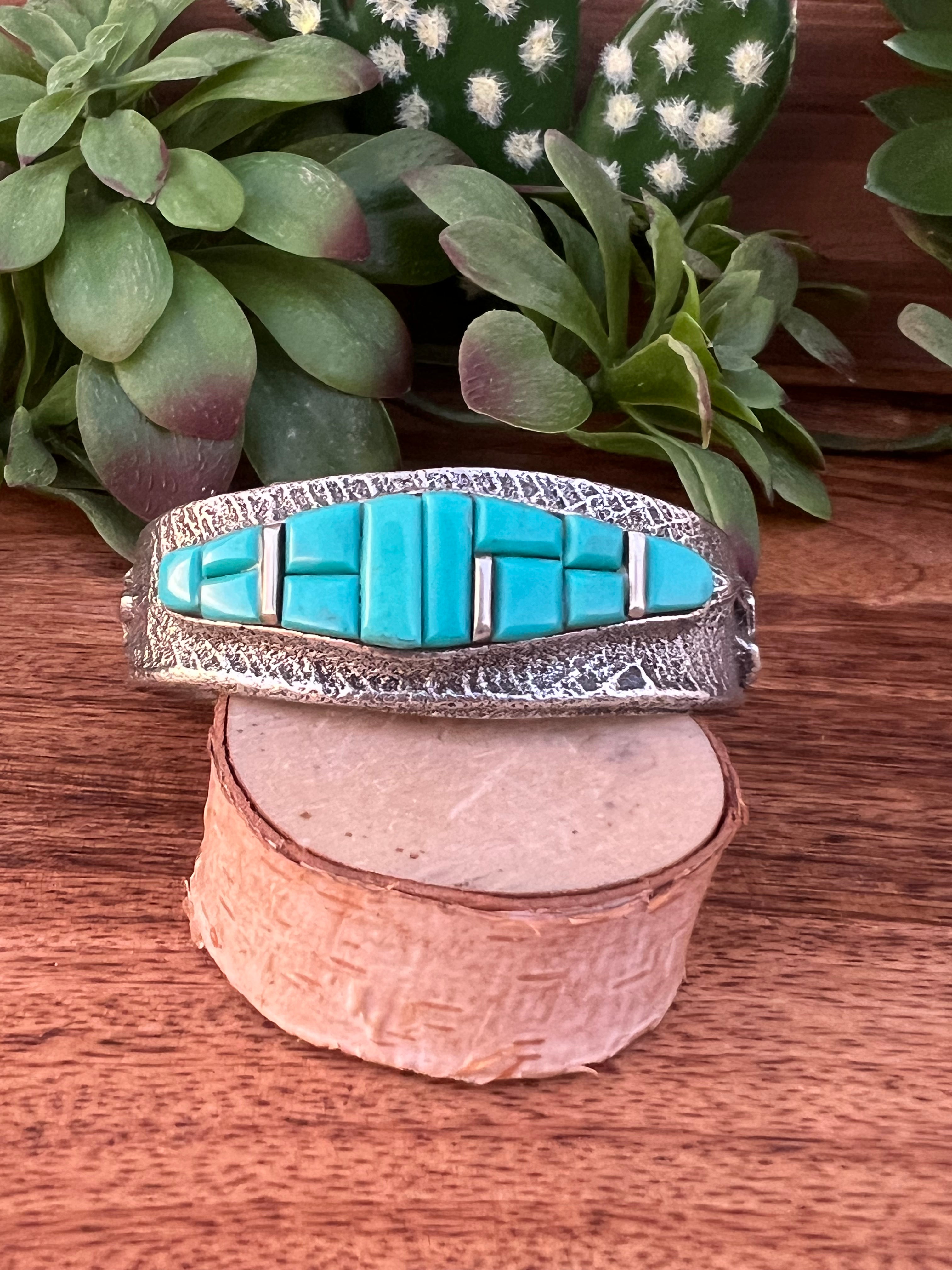 Navajo Kingman Turquoise & Sterling Silver Cobblestone Tufa Cast Cuff Bracelet