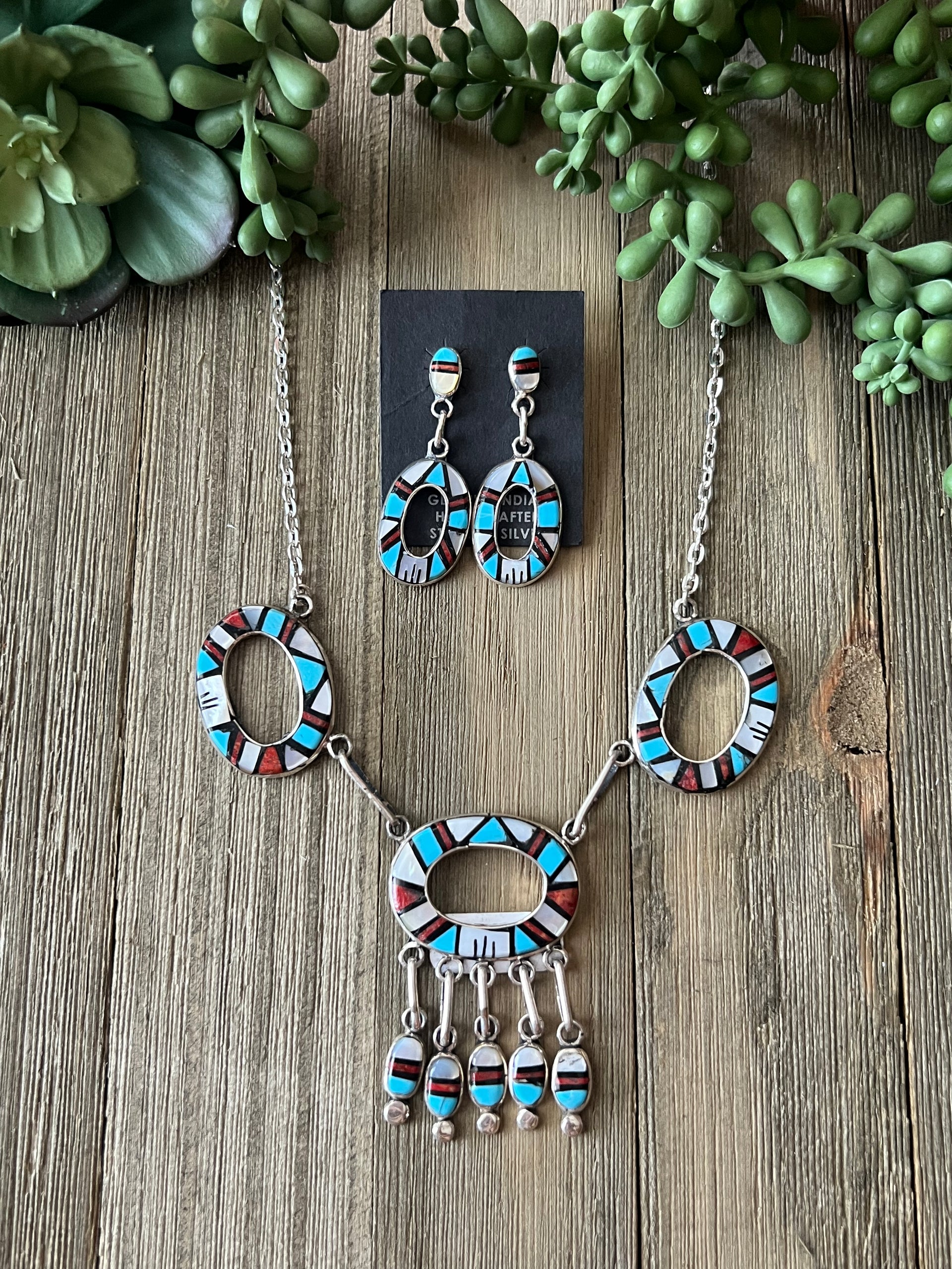 Navajo Made Multi Stone & Sterling Silver Inlay Necklace Set