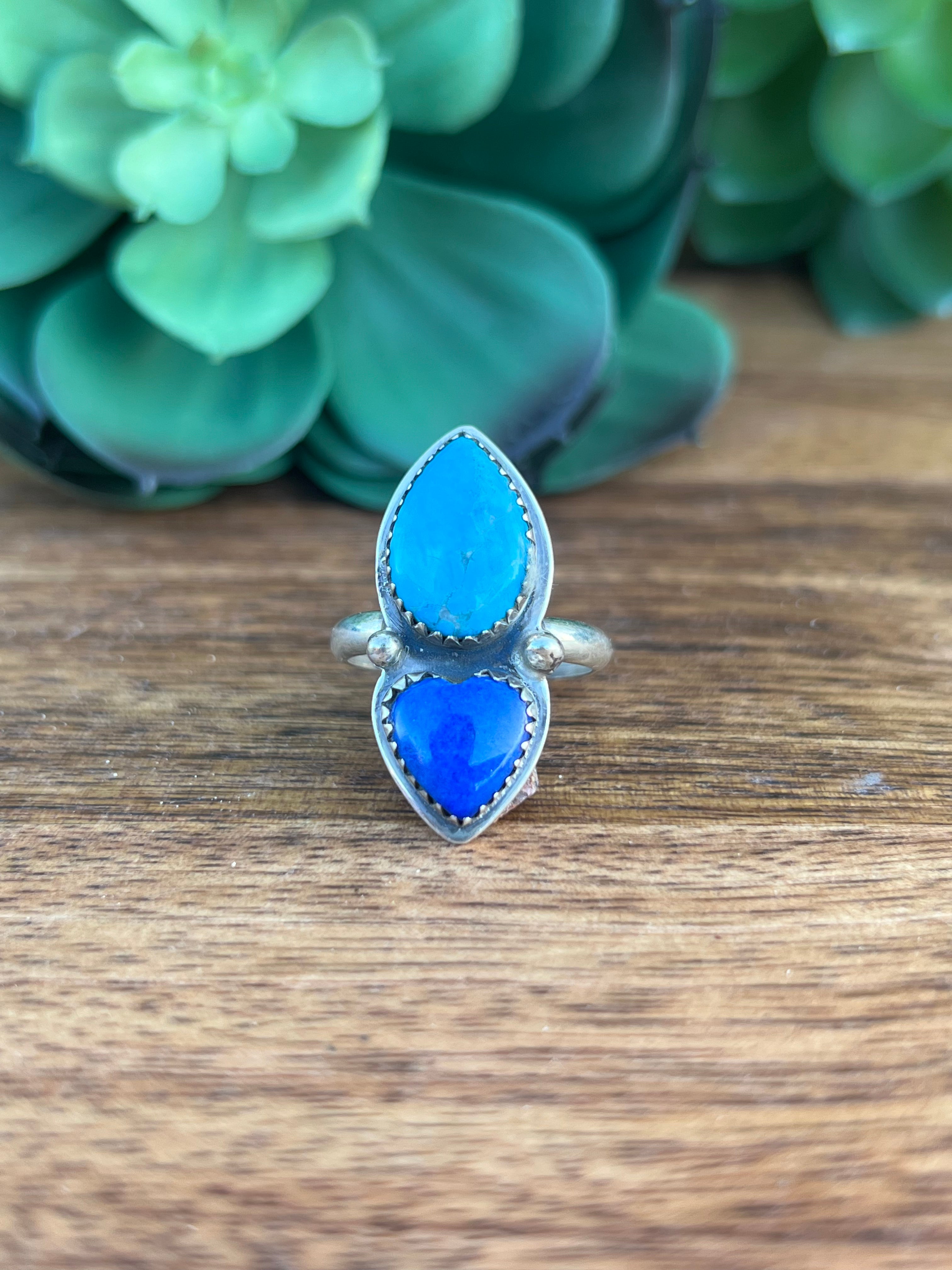 Greg Perry Lapis & Kingman Turquoise Sterling Silver Ring Size 9