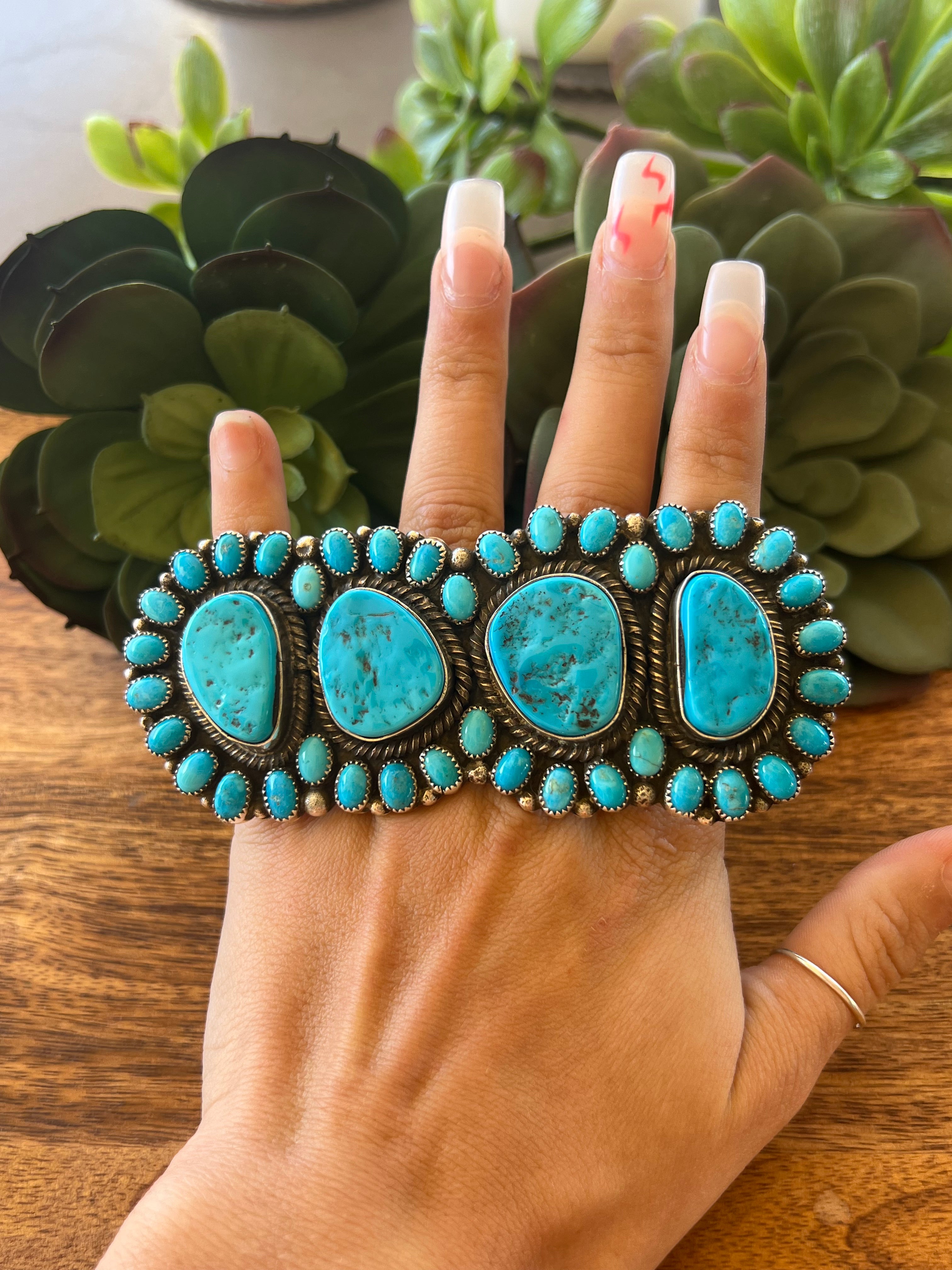 Navajo Made Kingman Turquoise & Sterling Silver Jumbo Adjustable Knuckle Ring.