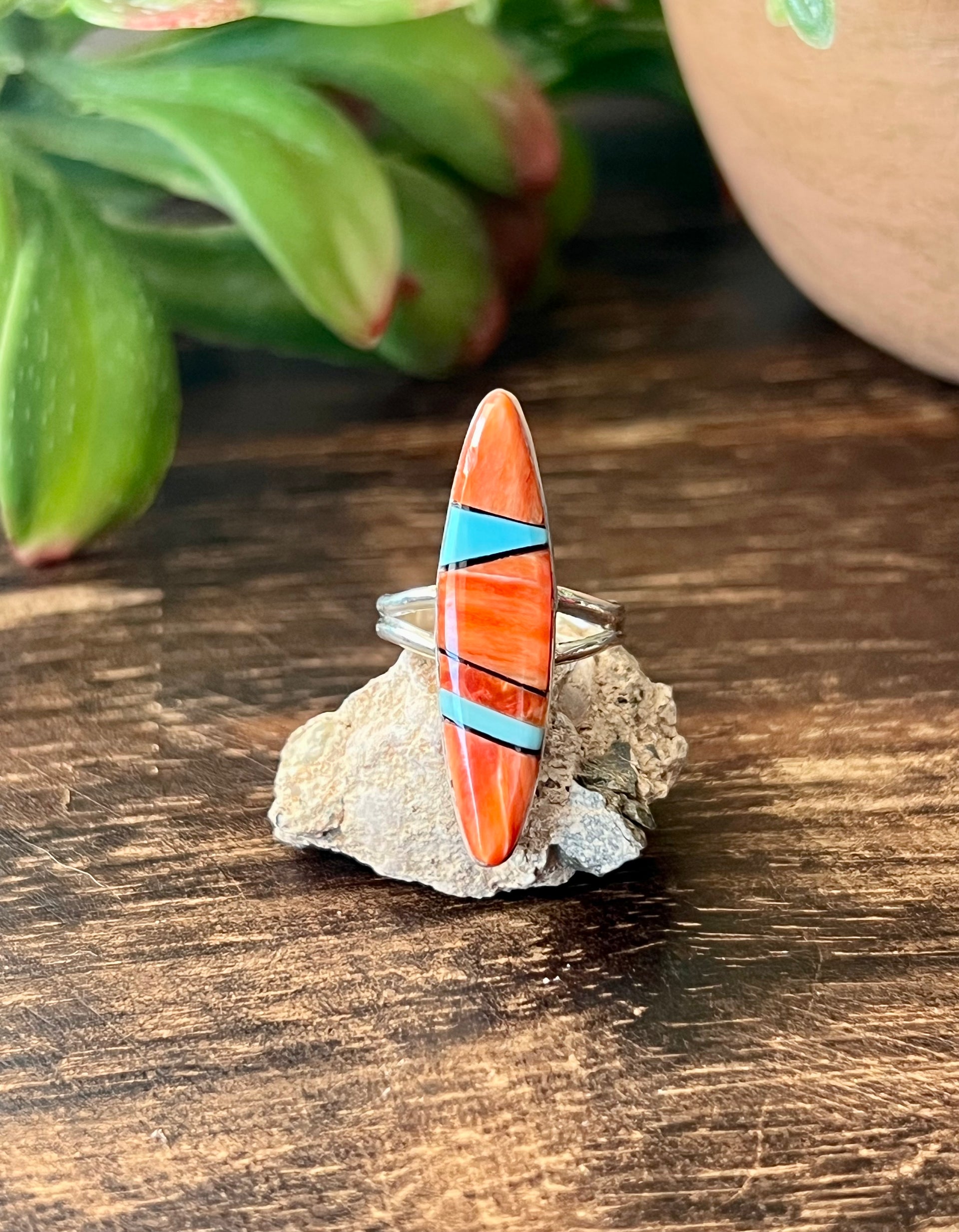 Navajo Made Multi Stone & Sterling Silver Inlay Ring Size 5.5