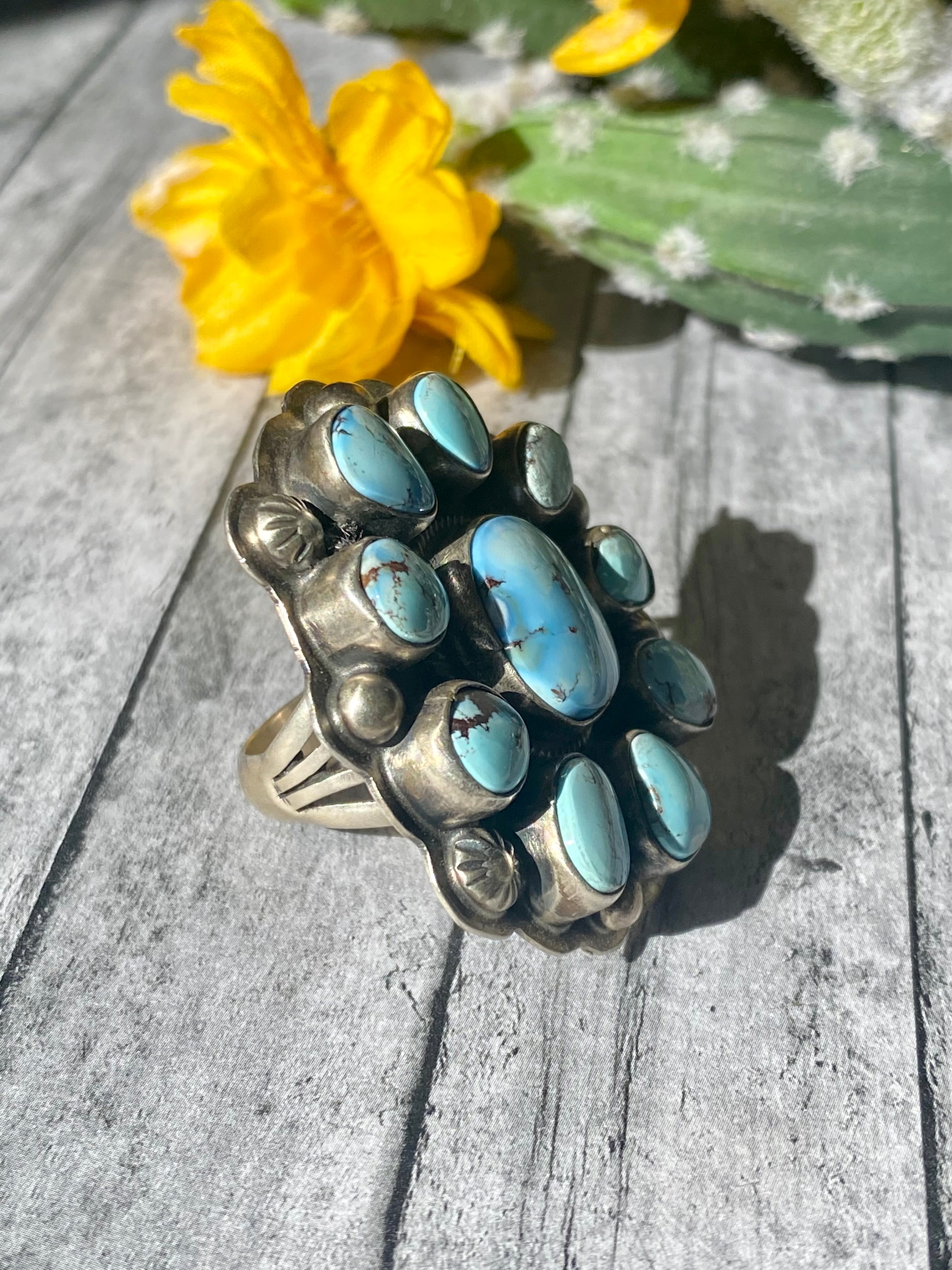 Kathleen Chavez Golden Hill’s Turquoise & Sterling Silver Cluster Ring Size 8.75